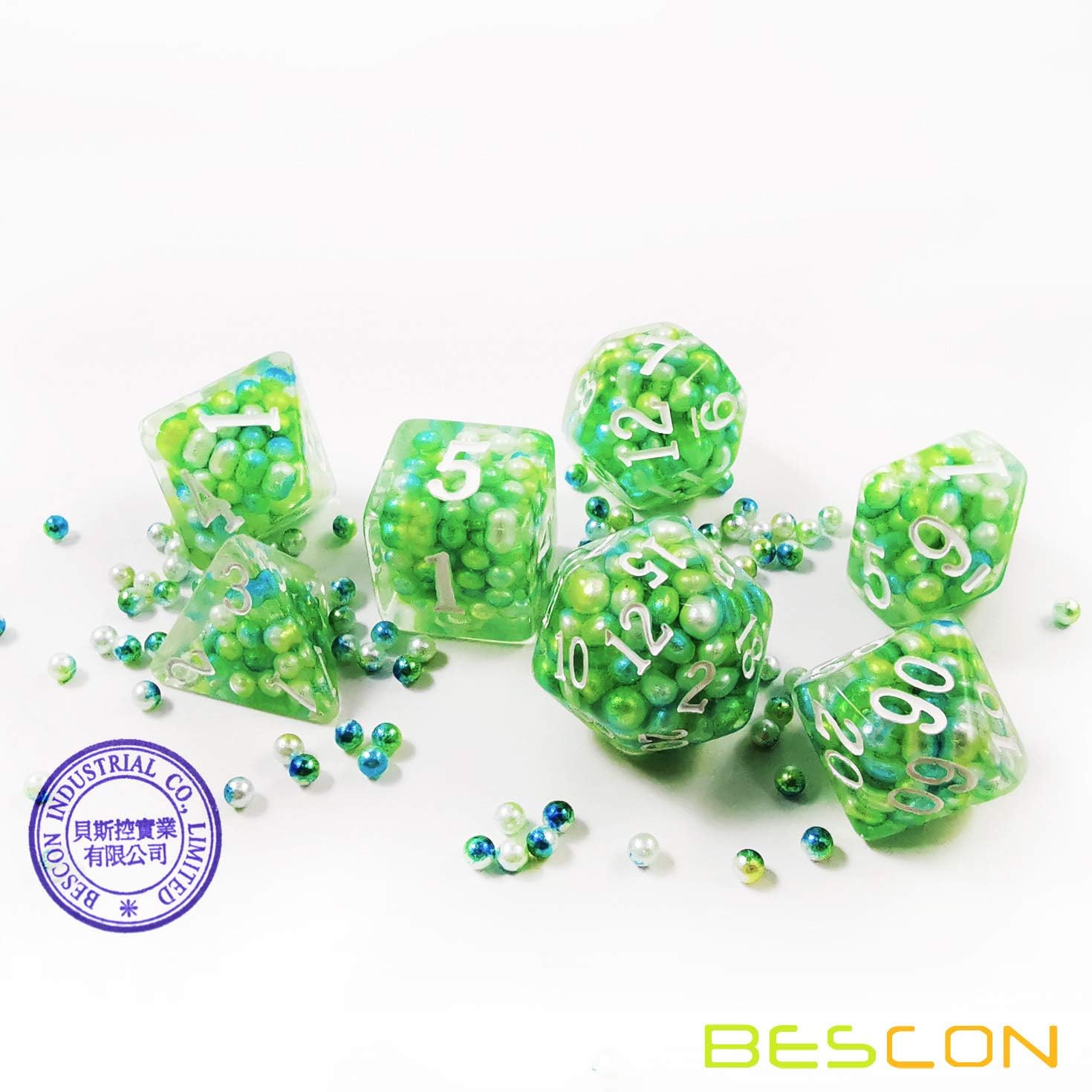 Bescon Olive Pearl Polyhedral Dice Set, Pearl Poly RPG Dice Set of 7
