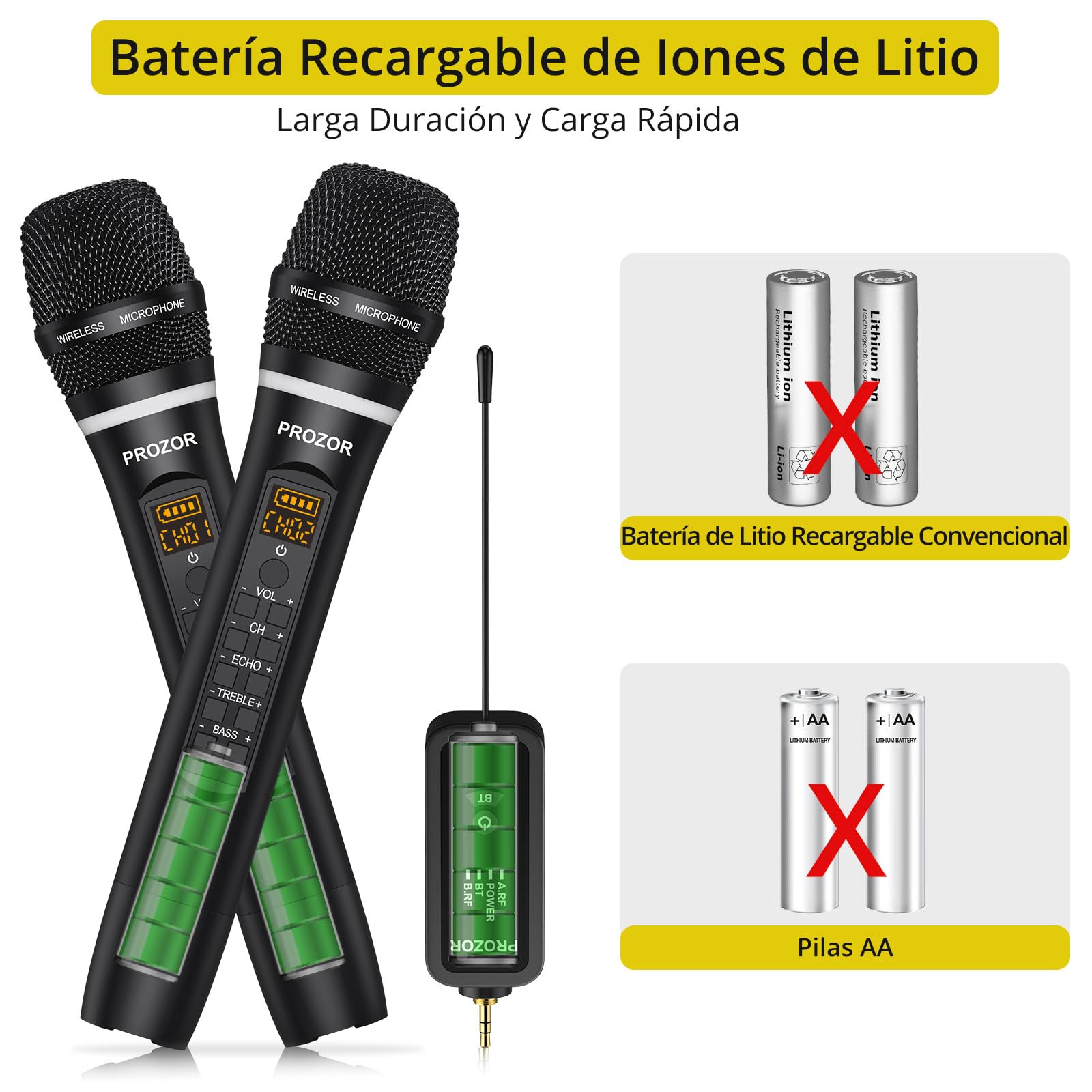 PROZOR Micrófono Inalámbrico UHF con Control de Eco de Graves Agudos de Volumen, Micrófono Karaoke Recargable Sistema de Micrófono Dinámico de Mano Dual con Receptor Recargable para Karaoke, DJ, Bodas