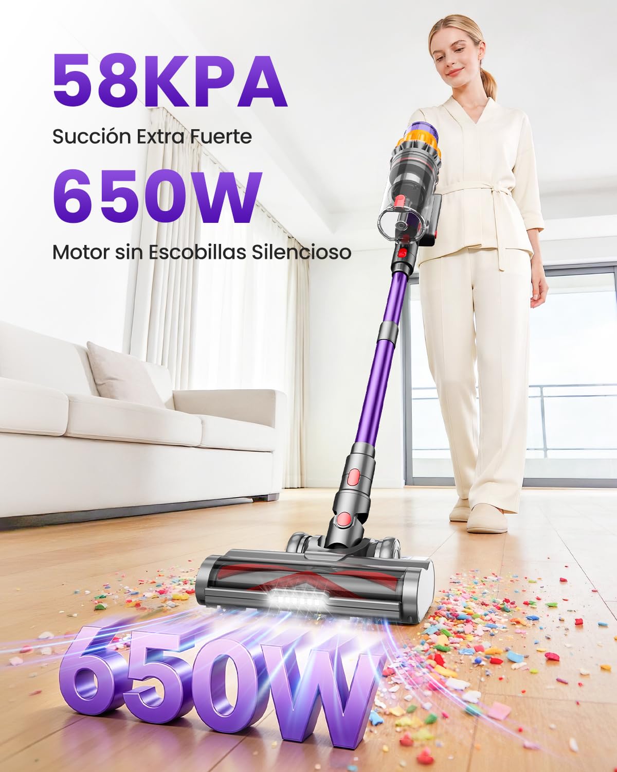 Aspiradora sin Cable para Pelo de Mascota,DyMona V17Max 2 Baterías 150Min Autonomía/58kPa/650W Succión Potente, Rodillo Antienredos, Autoportante, Ligero e Inalámbrico para Apartamento, Perros y Gatos