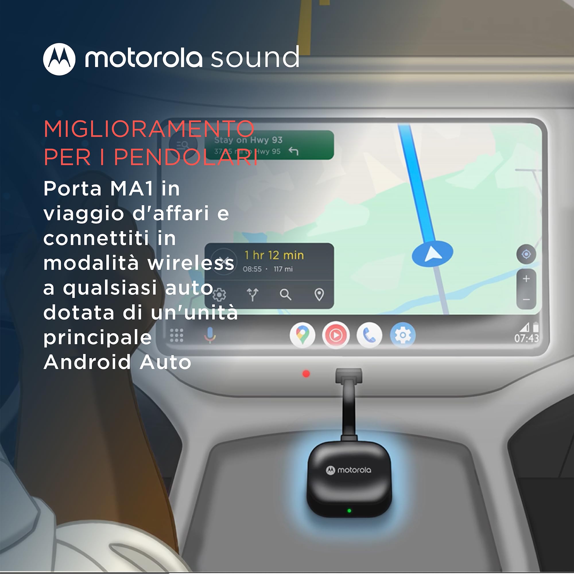 Motorola Sound MA1 - l'unico Google autorizzato Wireless Android Auto Car Adapter - Connessione istantanea dallo smartphone allo schermo dell'auto con facile configurazione