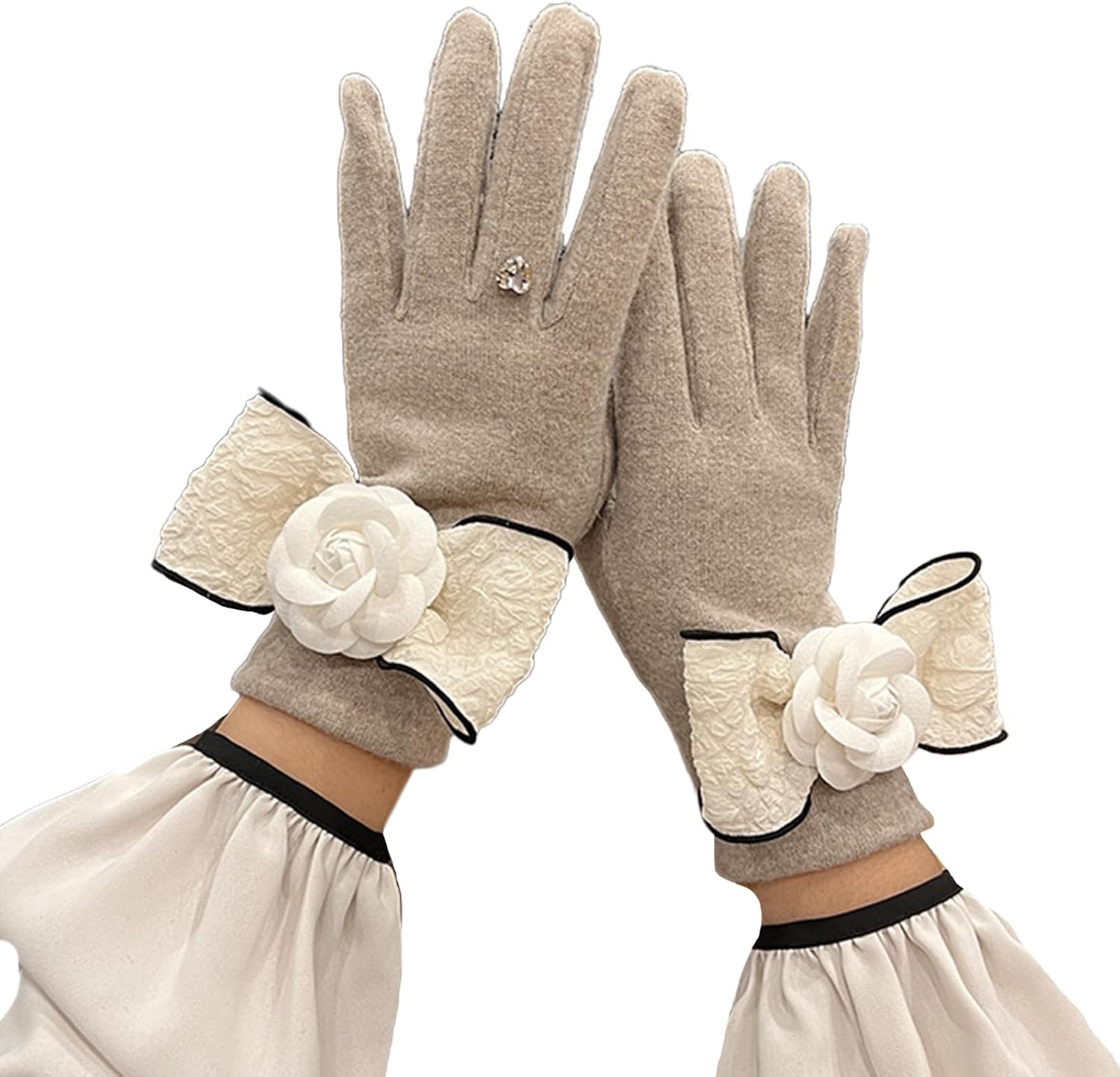 French Full Finger Hand Gloves For Teens Girls Vintage Camellia Bowknot Gloves Women Accessories Fashion Mittens