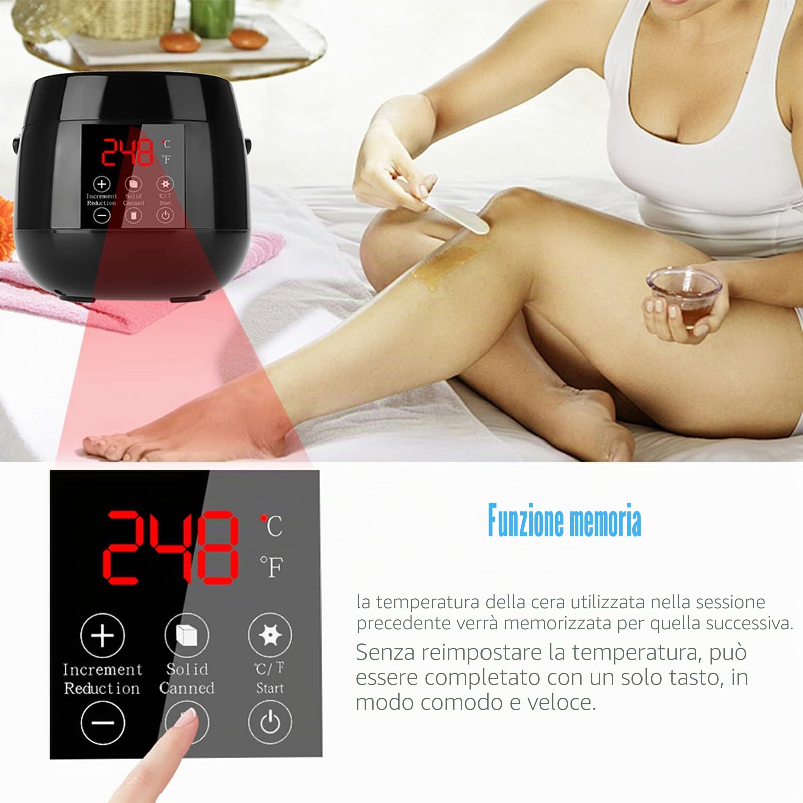 Macchina per la terapia della cera elettrica professionale con schermo a LED, 4 sacchetti di cera da 100 g e 20 bastoncini di cera, utilizzati per i numeri di depilazione del corpo