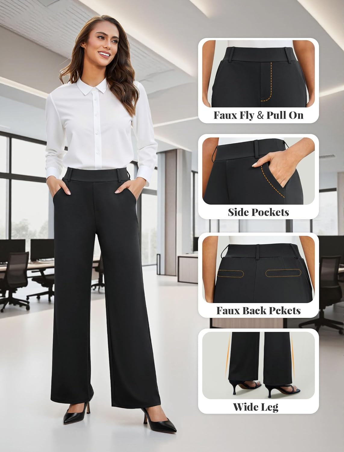 FireSwan Women's Wide Leg Dress Pants High Waisted Stretchy Work Trousers Business Casual Office Pull on Slacks with Pockets - Image 5