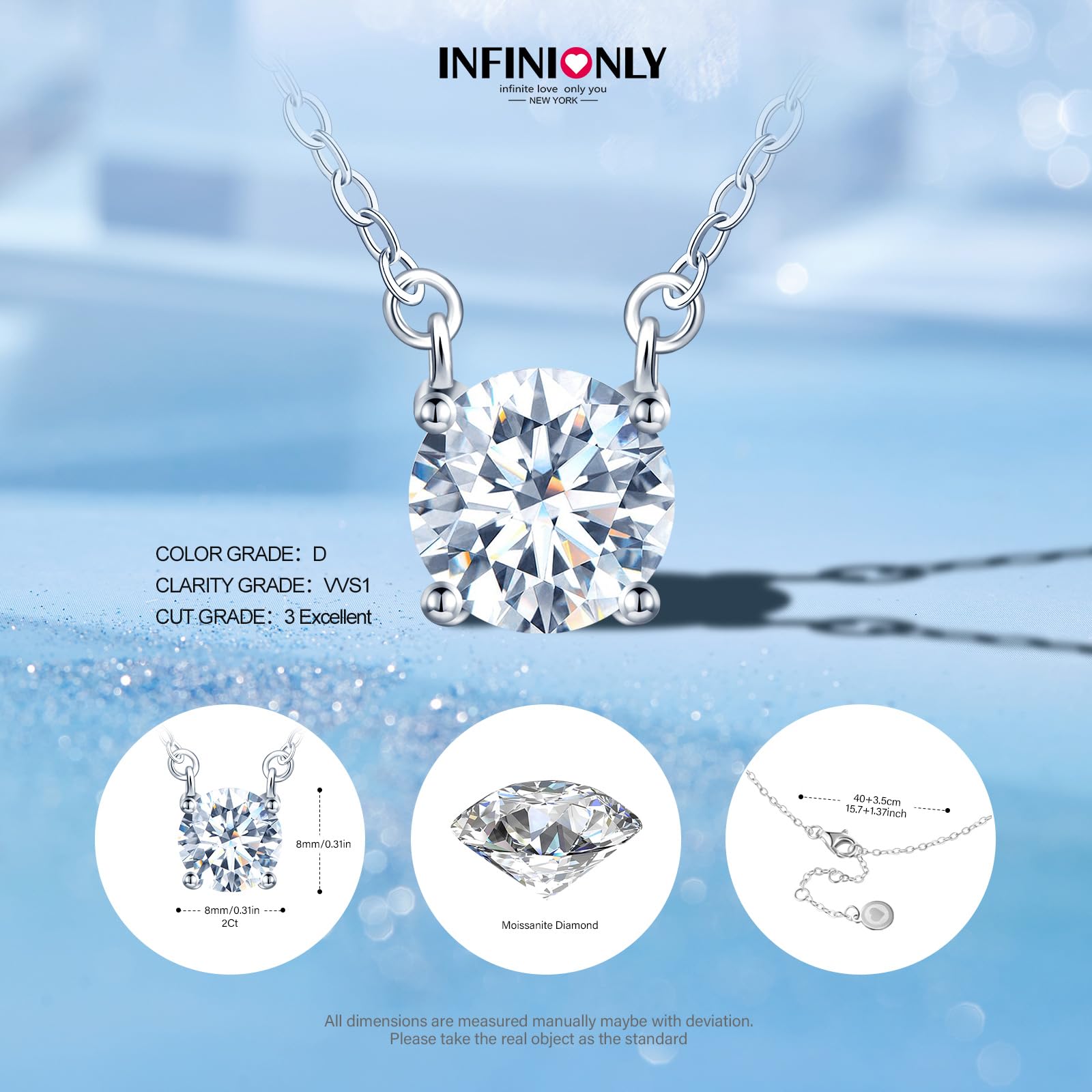 Damen Mädchen Solitär Diamant Halskette mit Vier Klauen 2 Karat Moissanit 925 Silber Ketten Anhänger D Farbe VVS1 Perfekt Geschliffene 8mm Diamant GRA Zertifikat Hochzeitsschmuck