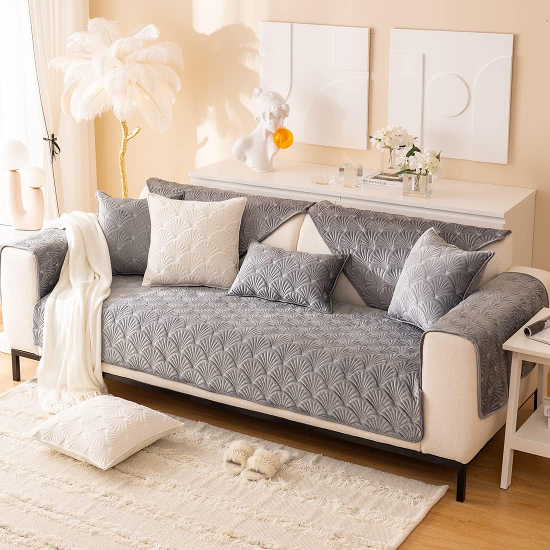 vctops Super Soft Velvet Quilted Sofa Couch Covers Non-Slip Sectional Couch Cover Leaf Pattern Plush Sofa Slipcover Furniture Protector for Pets Kids Children Dog Cat (Grey B,28"x70")