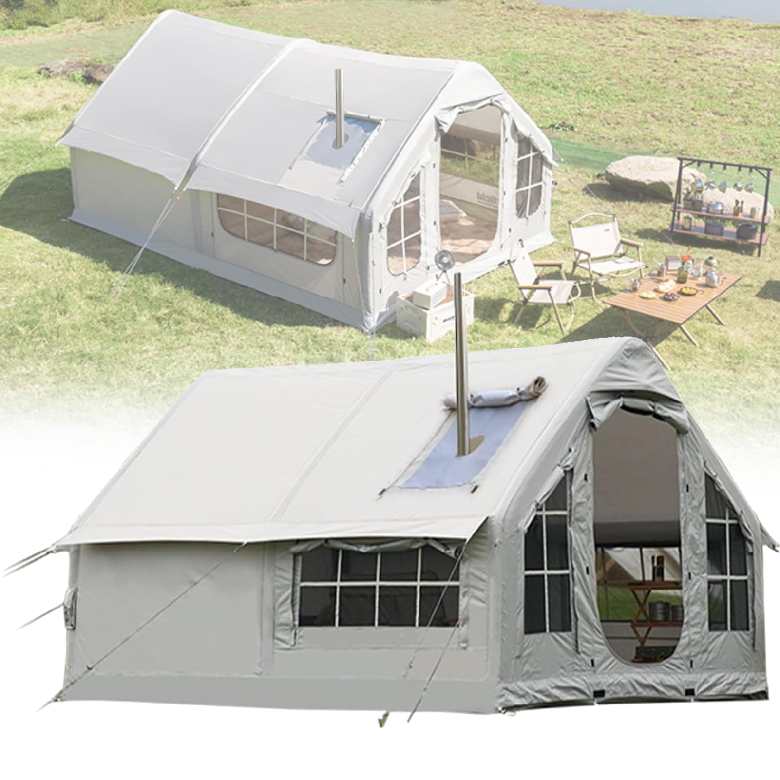 Tente De Camping Gonflable avec Ouverture De Cheminée, Tente Gonflable, Grande Tente Extérieure Imperméables avec Pompe À Air pour 6-8 Personnes, Tente Camping Familiale, Protection UPF 50+
