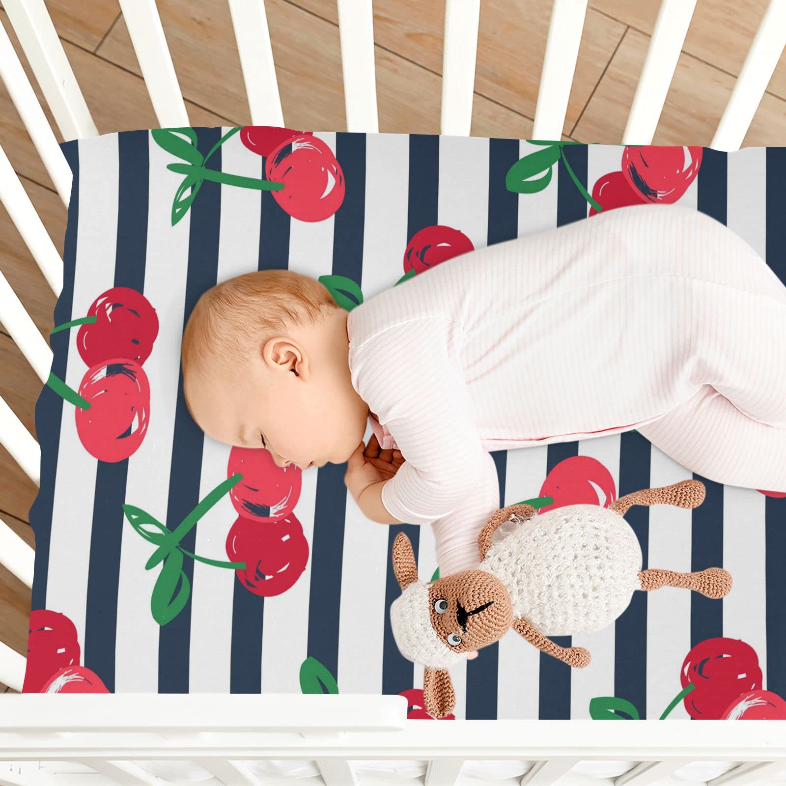 Spannbettlaken für Kinderbett, Kirschmuster, gestreift, weich, atmungsaktiv, pflegeleicht, Spannbetttuch für Babybett und Kinderbetten