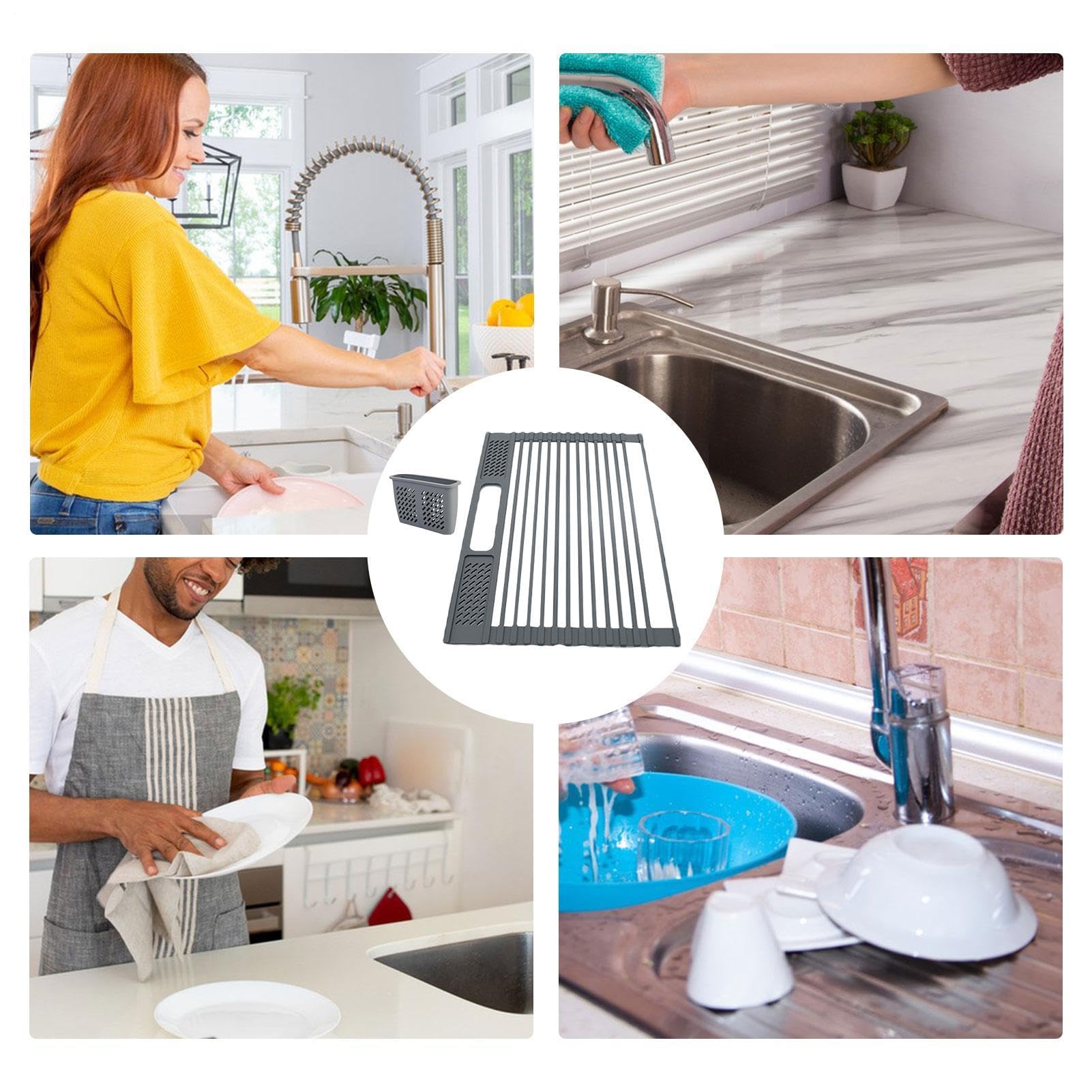 Tappetino scolapiatti pieghevole per lavello – 42 x 30,5 cm in acciaio | rivestito in silicone, pieghevole, griglia sgocciolabile sopra il , portaoggetti compatto sul piano di lavoro della