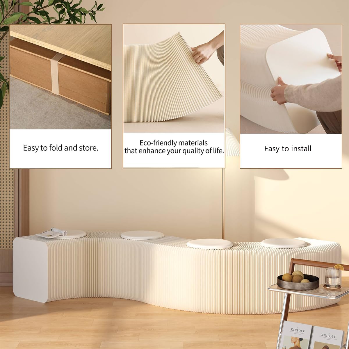 Portable Accordion Folding Paper Stool - Kraft Paper Footrest Ottoman & Side Table, Space-Saving Multifunctional Seat for Apartment, Dorm, Living Room, Office & Reception Area (Brown)