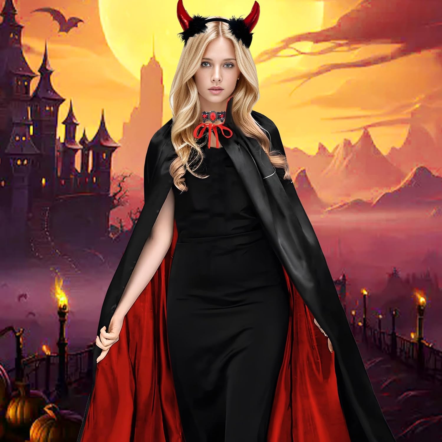 Vampire Cape Women, Vampire Cloak with Devil Horns Tooth Necklace Lace Gloves, Womens Halloween Costumes - Image 7