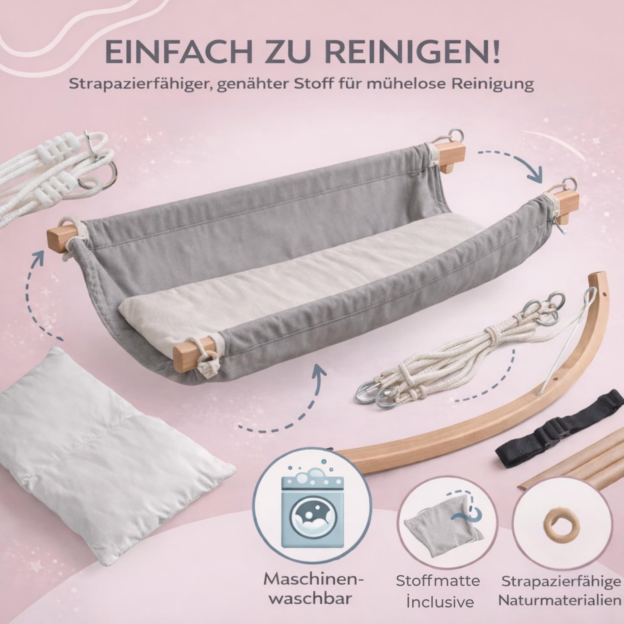 Hängematte mit Holzgestell, ergonomische Hängeliege, sanftes Schaukeln, Bequeme Stoffstruktur, leicht und tragbar, modernes Design, für Innenbereich und Balkon geeignet, einfache Montage (Grau-2)