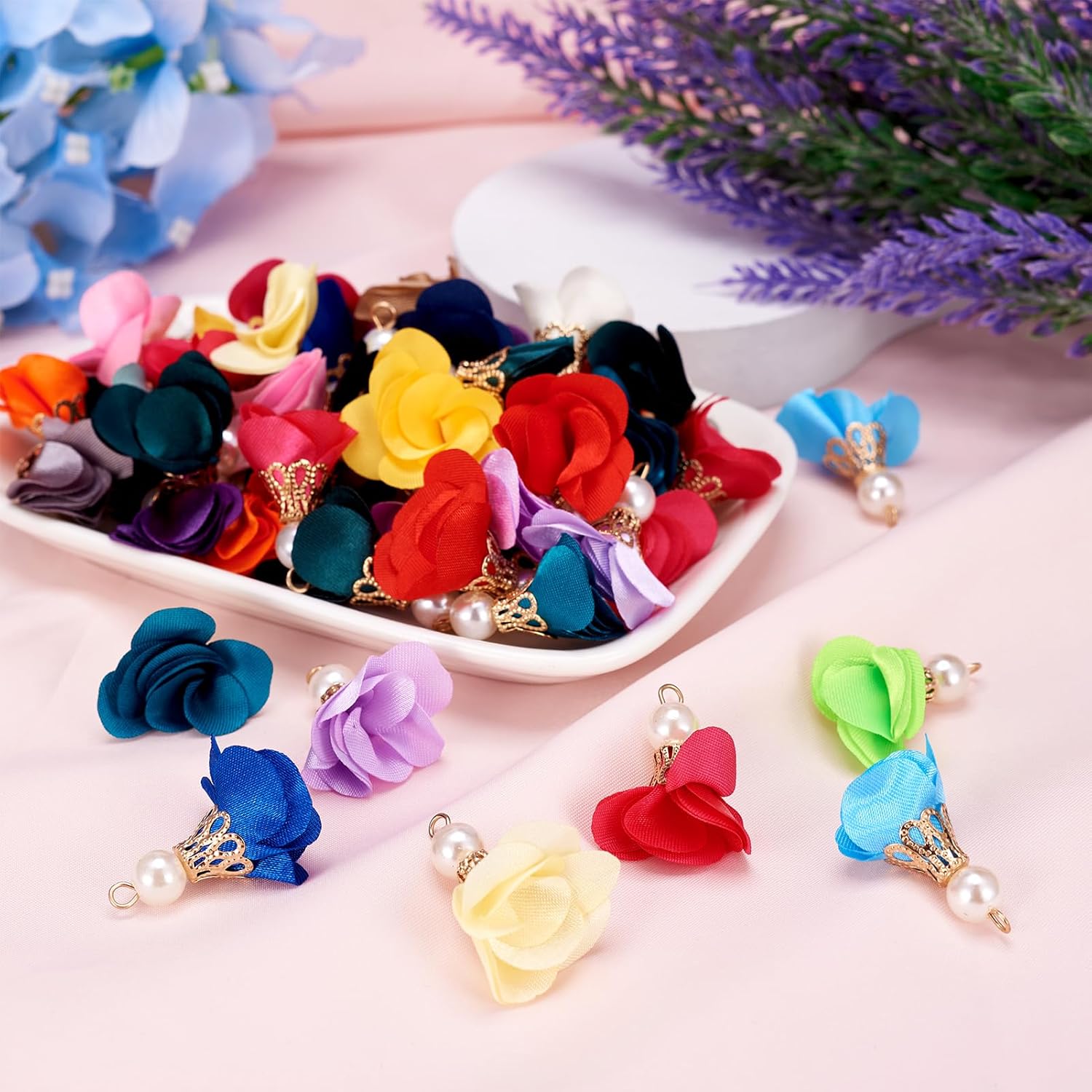 Cheriswelry 200pcs Cloth Fabric Flower Pendants Acrylic Pearl Floral Petal Tassel Charms with Golden Filigree Flower Metal Cap Mixed Color for DIY Earrings Keychain Jewelry Making Crafts 25-32mm - Image 5