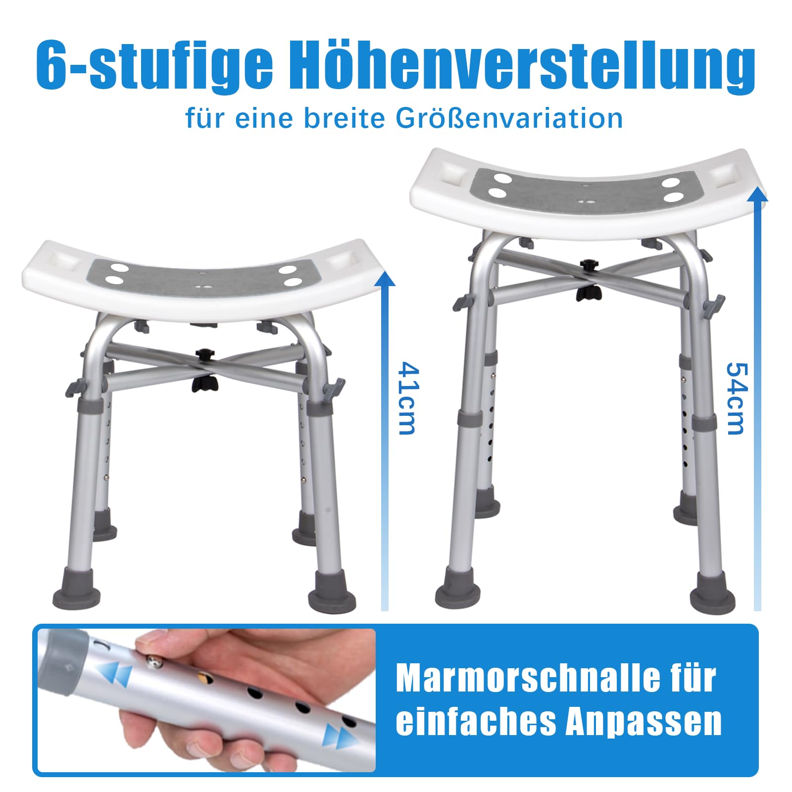 Duschhocker 180kg Höhenverstellbar 37-50cm Werkzeugfrei Montage rutschfest Stabil für Schmale Wannen - Senioren, Behinderte, Sicherer Sitz（Grau）