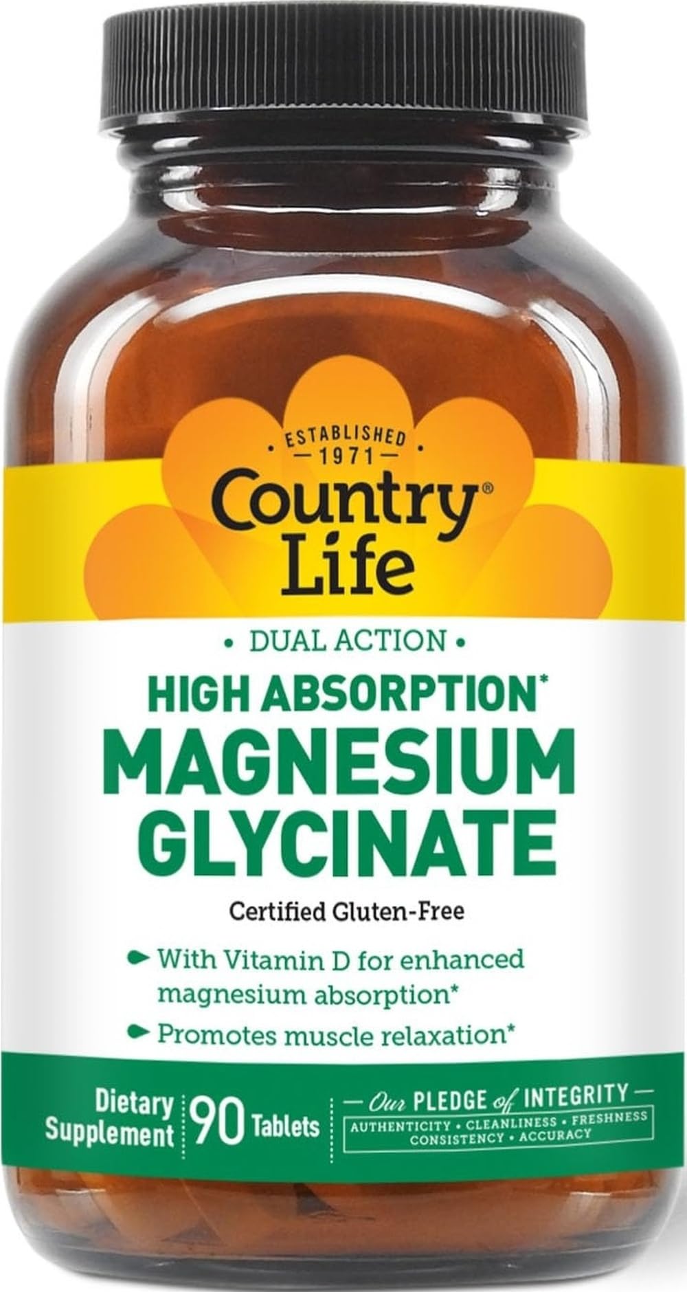 Country Life Magnesium Glycinate 350 mg with Vitamin D3, 90 Tablets