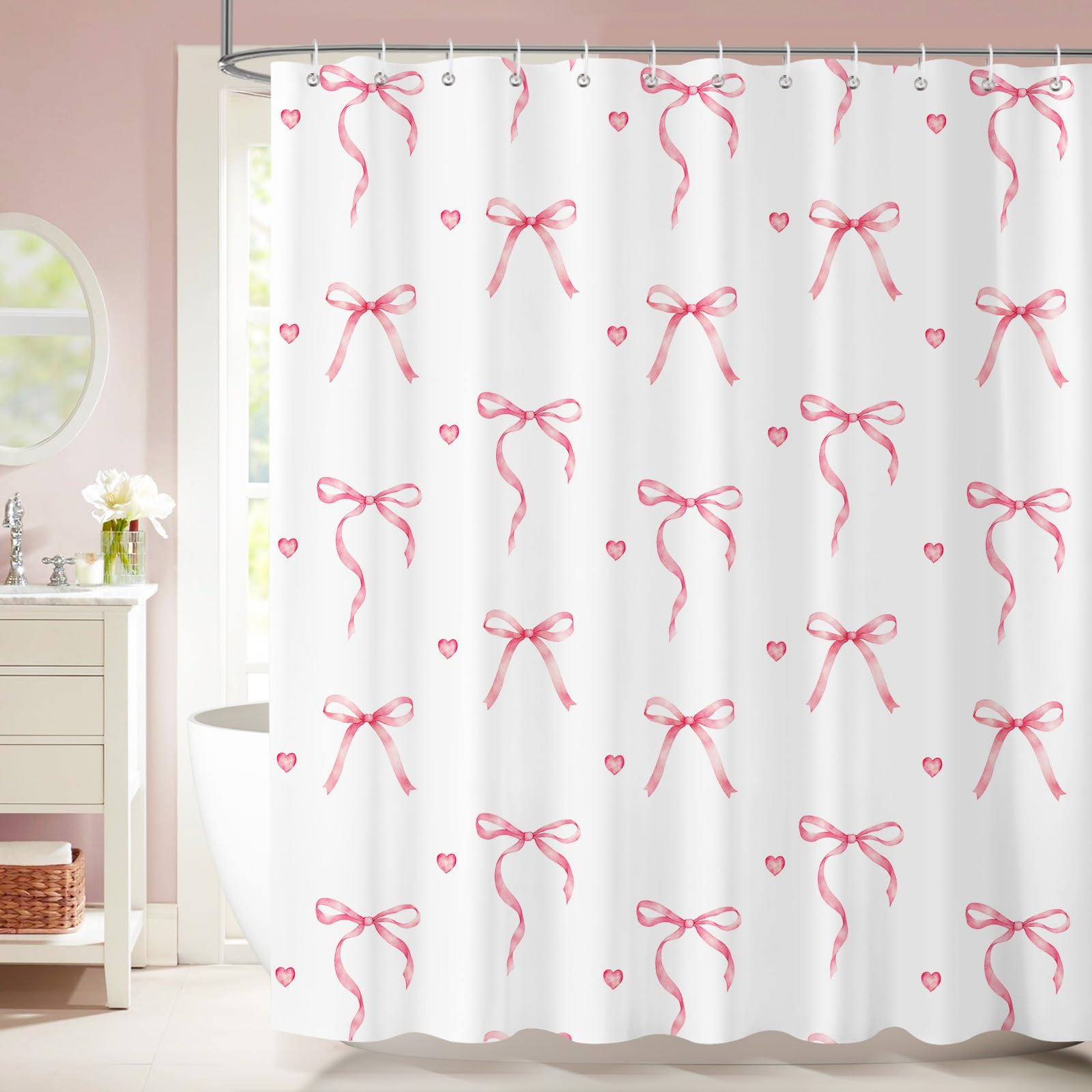 Dazzlewall Pink Bow Shower Curtain for Bathroom Mould & Mildew Resistant