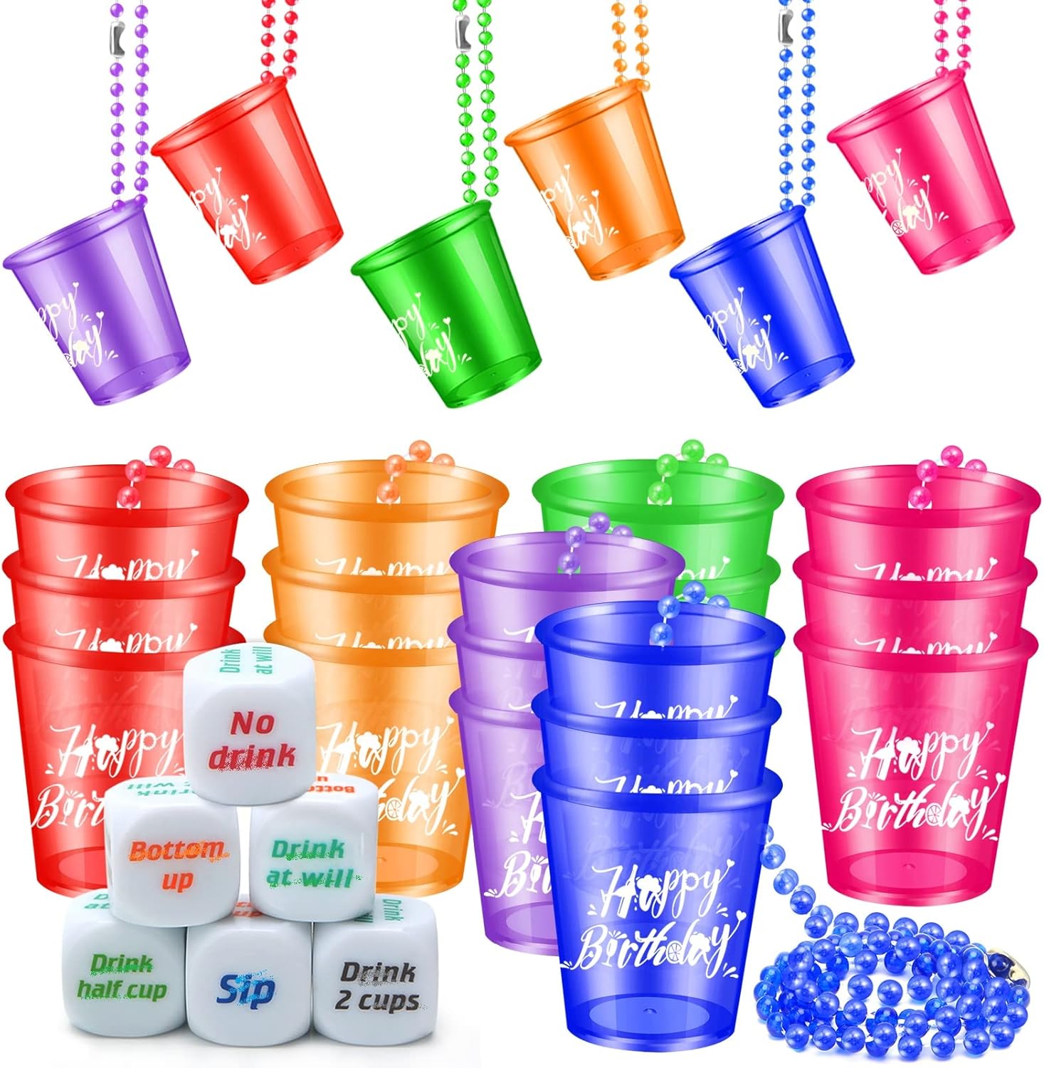 30 Pack Happy Birthday Shot Glasses on Beaded Necklace Party Shot Glass,Shot Cups