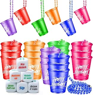 30 Pack Happy Birthday Shot Glasses on Beaded Necklace, Party Shot Glass, Shot Cups Beads, 6pcs Party Game Dice for Adults Teens Birthday Party Supplies (6 Style Color)