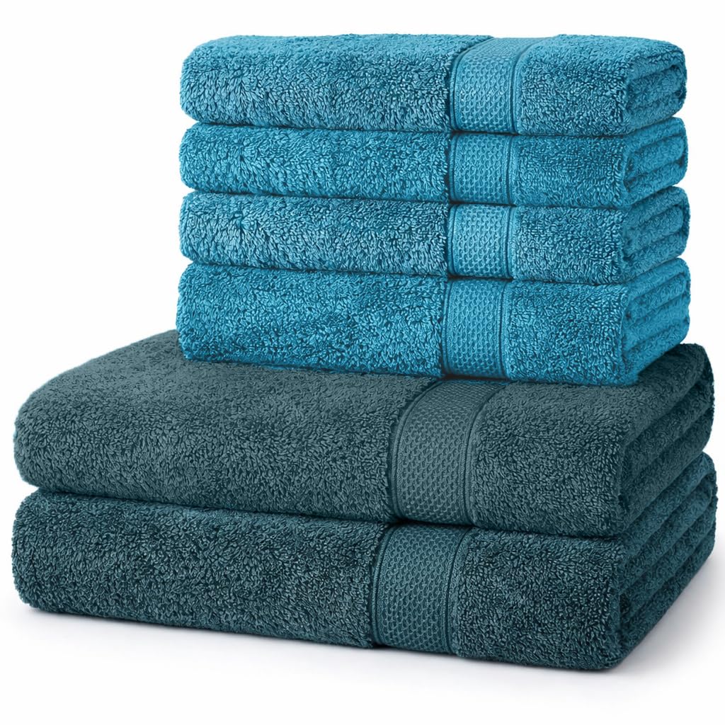 Komfortec Set di 6 asciugamani in 100% cotone, 2 asciugamani da bagno 70 x 140 cm e 4 asciugamani da 50 x 100 cm, in spugna, morbido, turchese/petrolio