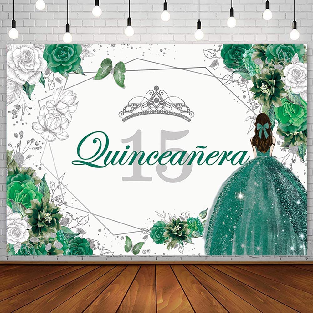 Sendy 8x6ft Quinceanera 15th Birthday Backdrop for Sweet Girl Mis Quince Anos Party Decorations Green Silver Glitter Floral Crown Butterfly Banner