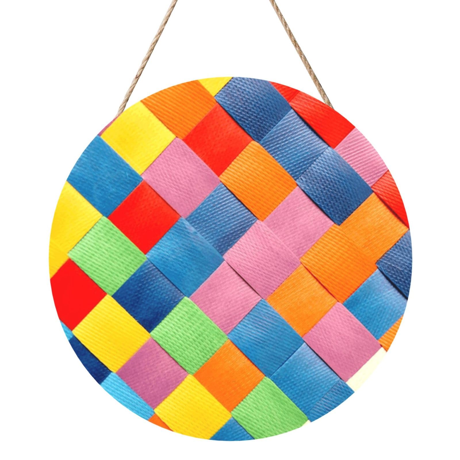 InOmak Colorful Plaid Printed, Round Wood Panel Painting 12 in, Wall Hanging Painting For Home