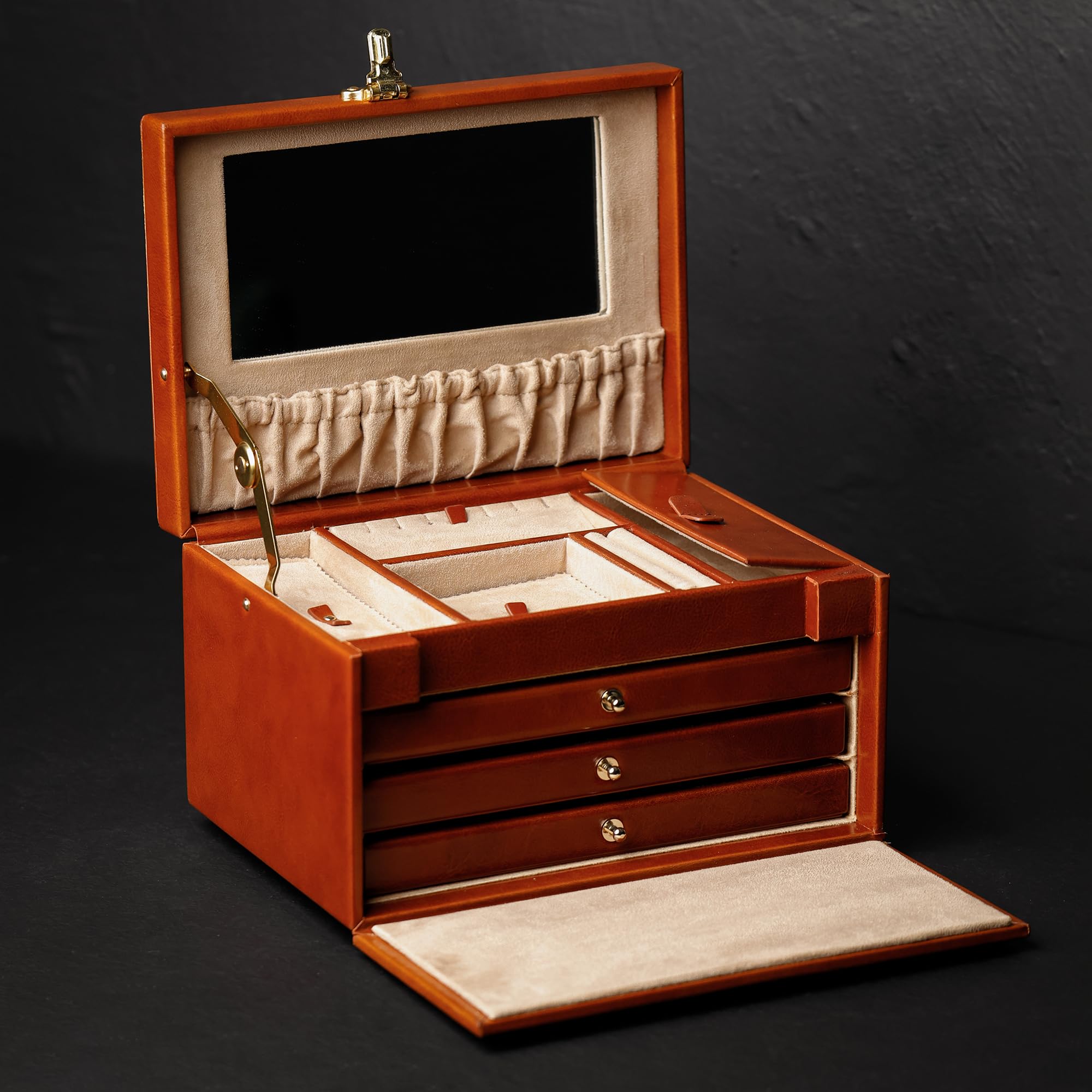 Time Resistance Joyero De Cuero | Organizador De Joyas De Cuero De Plena Flor | Caja De Bloqueo De Código De Almacenamiento De Accesorios Para Mujer (Marrón Coñac)