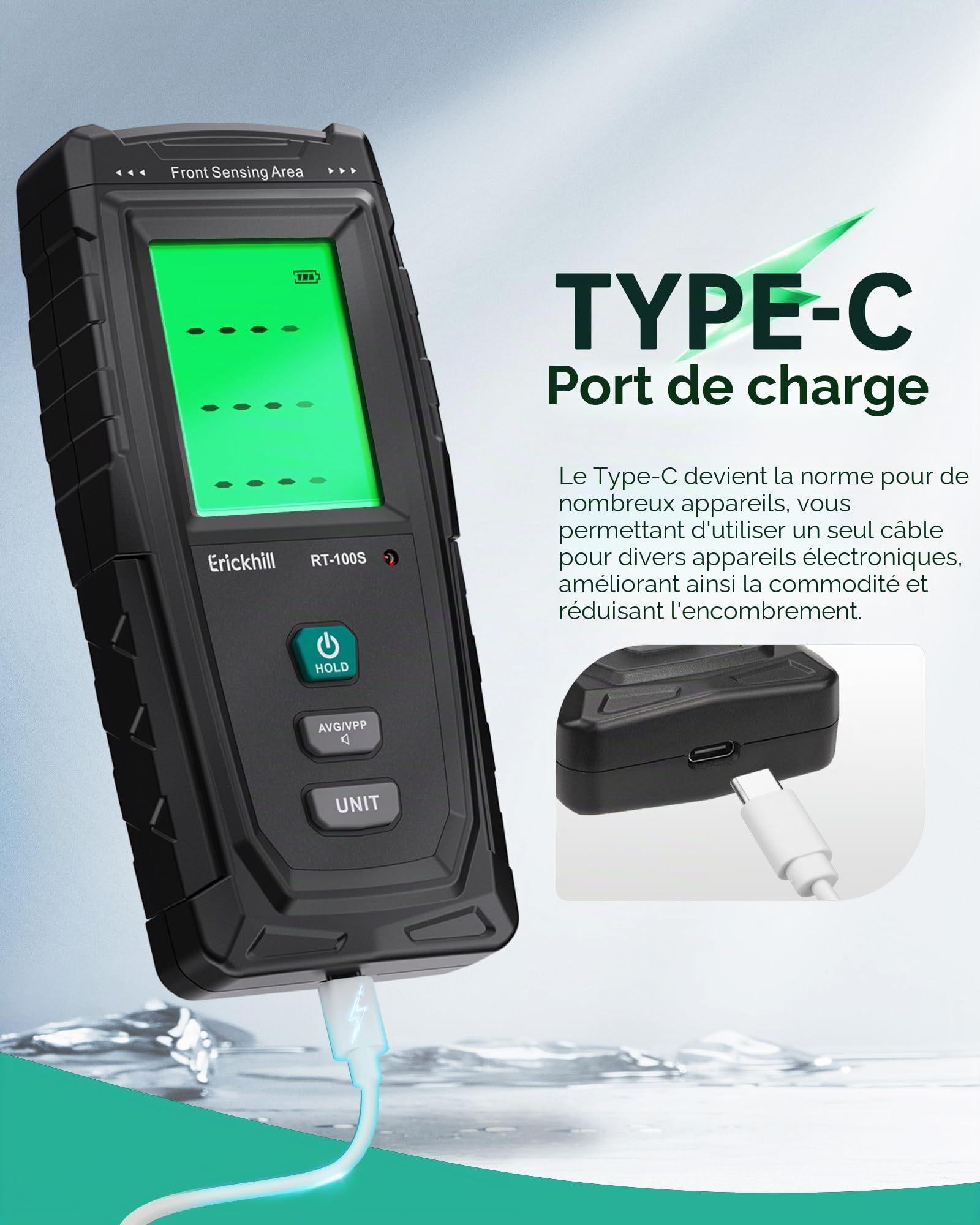 ERICKHILL Testeur EMF RT-100S EF/MF/RF - Champ magnétique rechargeable - Détecteur de rayonnement numérique double interface - Écran LCD numérique - Pour la maison, le bureau, l'extérieur