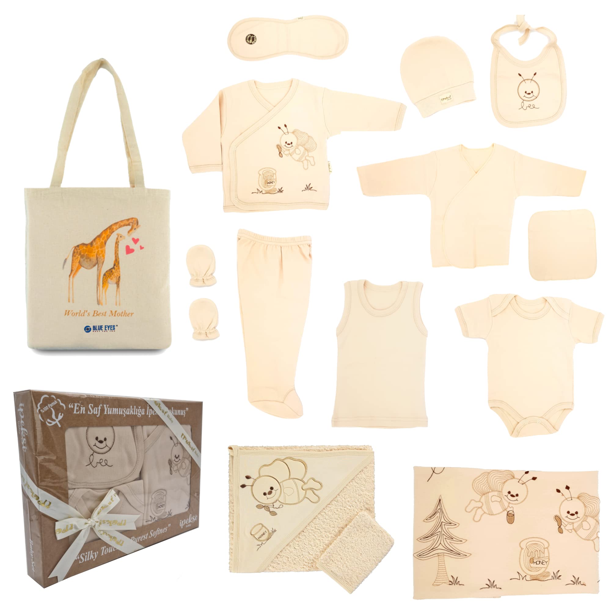 Blue Eyes Set per neonati in 100% cotone naturale, set per la prima infanzia, unisex, set regalo per bambini, asciugamano da bagno con 14 pezzi, per bambini da 0 a 4 mesi