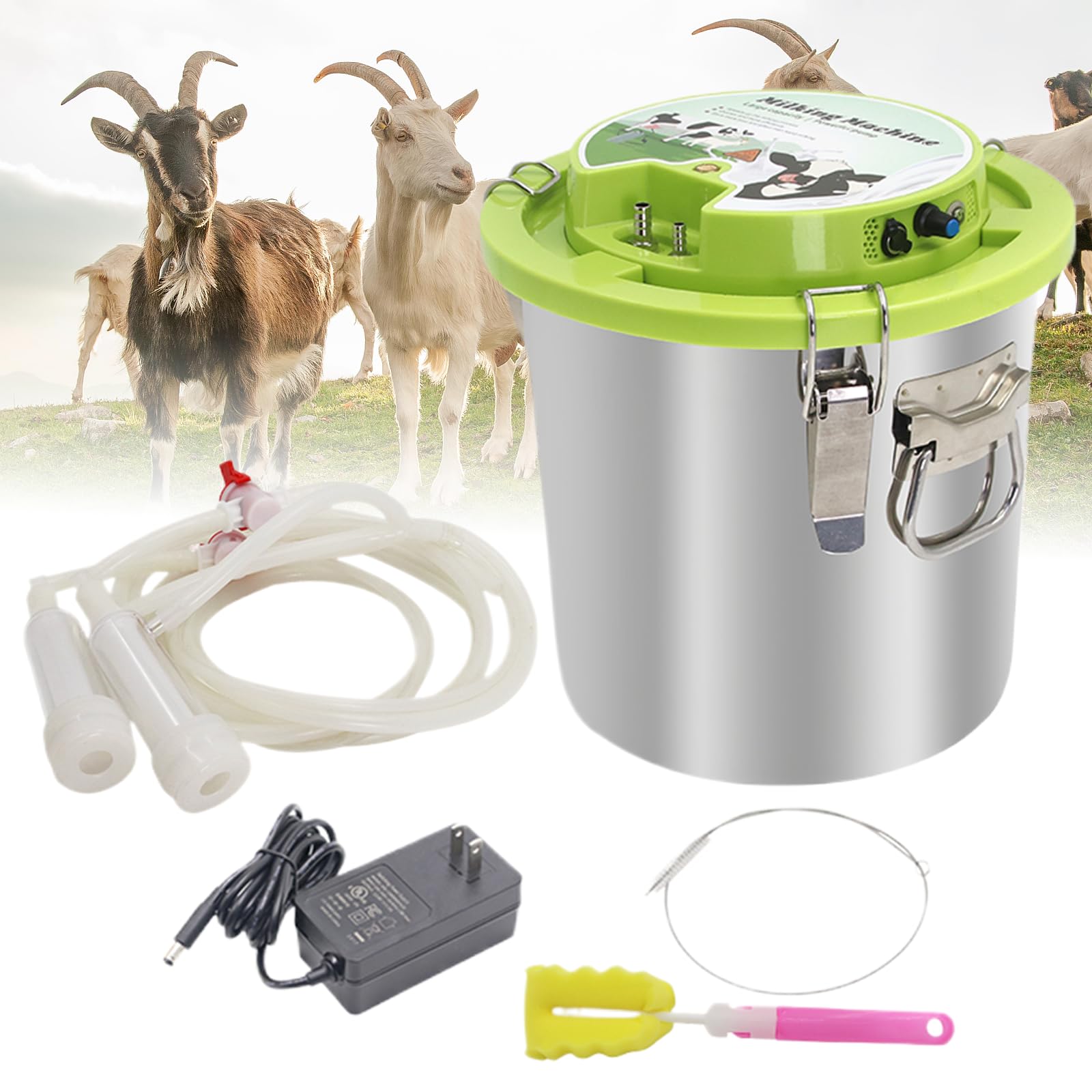 Mungitrice per capre, sistema di aspirazione a pulsazione da 8 l/12 l, con 2 tettarelle e spazzola, secchio in acciaio inox, aspirazione regolabile, design portatile ricaricabile