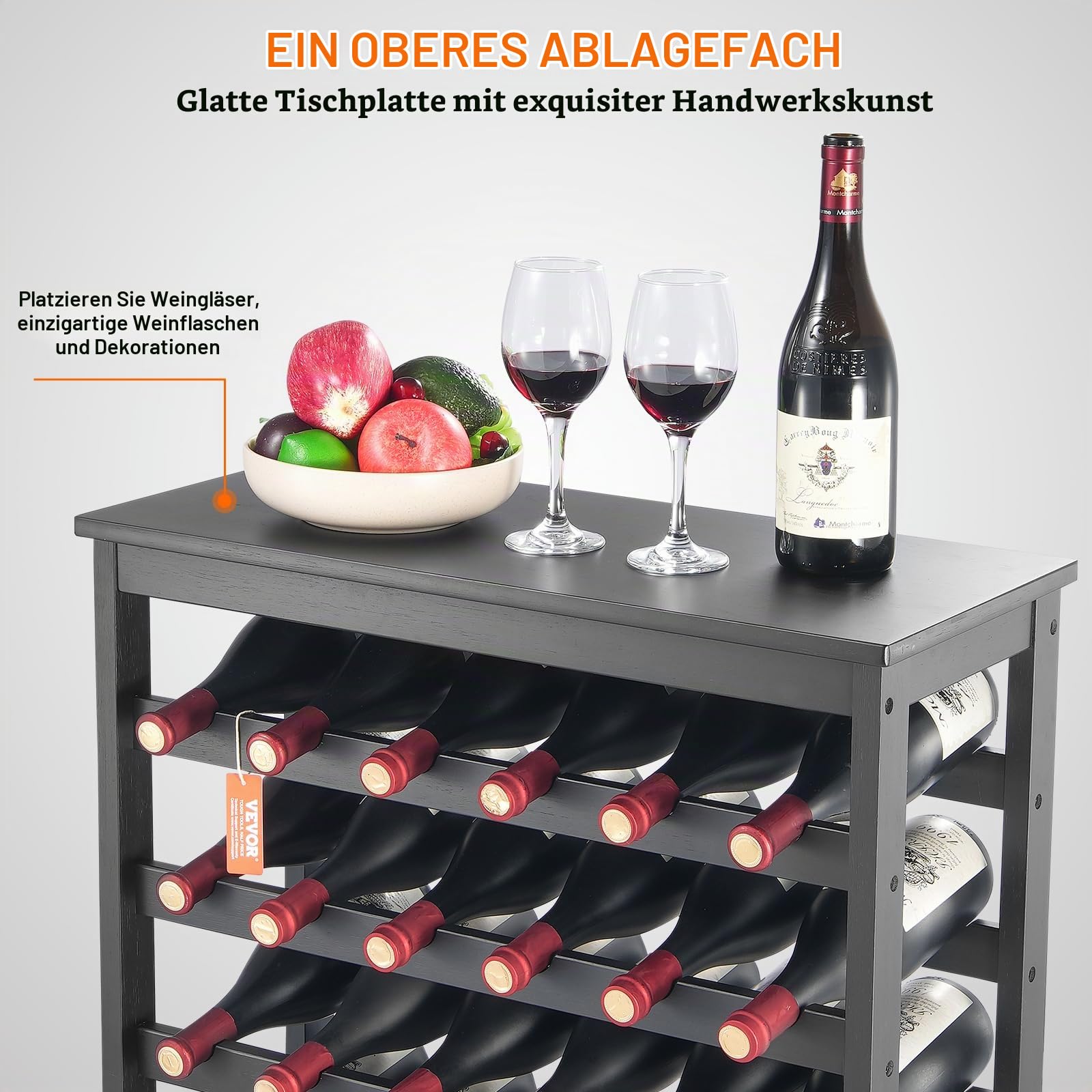 VEVOR Weinregal 42 Flaschen, stabiles Flaschenregal, 7-stufiges Lagerregal aus massivem Bambusholz, freistehendes Weinregal, wackelfreie Regale für Küche, Bar und Keller (schwarz)