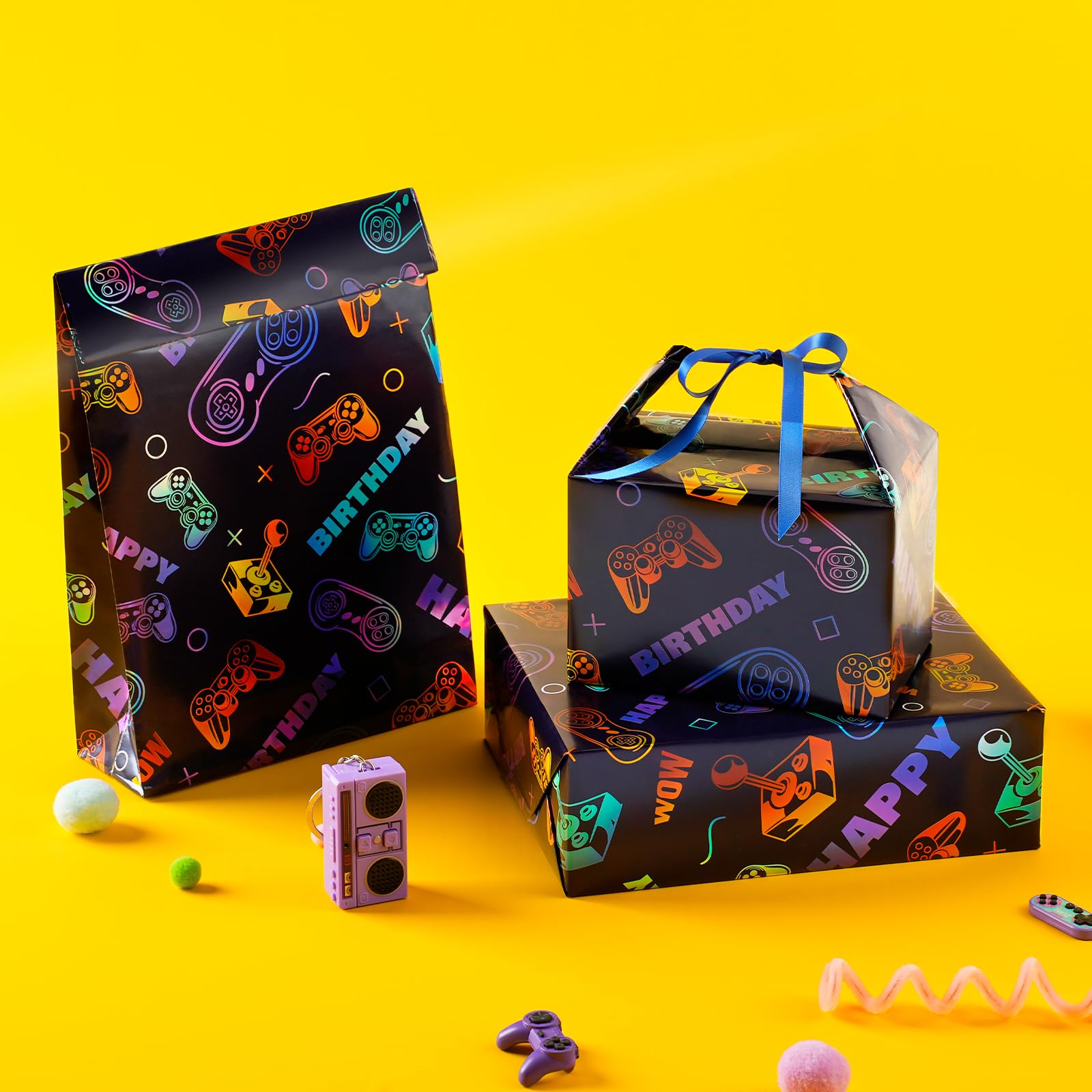 BIOBROWN Papel de regalo para juegos, 17 pulgadas x 33 pies, diseño colorido de videojuegos, papel de regalo para cumpleaños, fiestas, amantes de los juegos, vacaciones