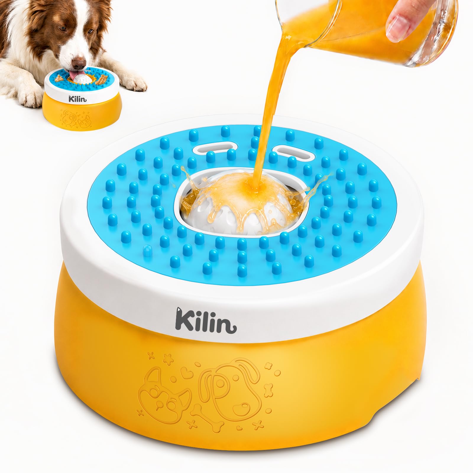 KILIN Slow Feeder Dog Licking Bowl with Rolling Ball,4 Non-Slip Pads,8fl oz