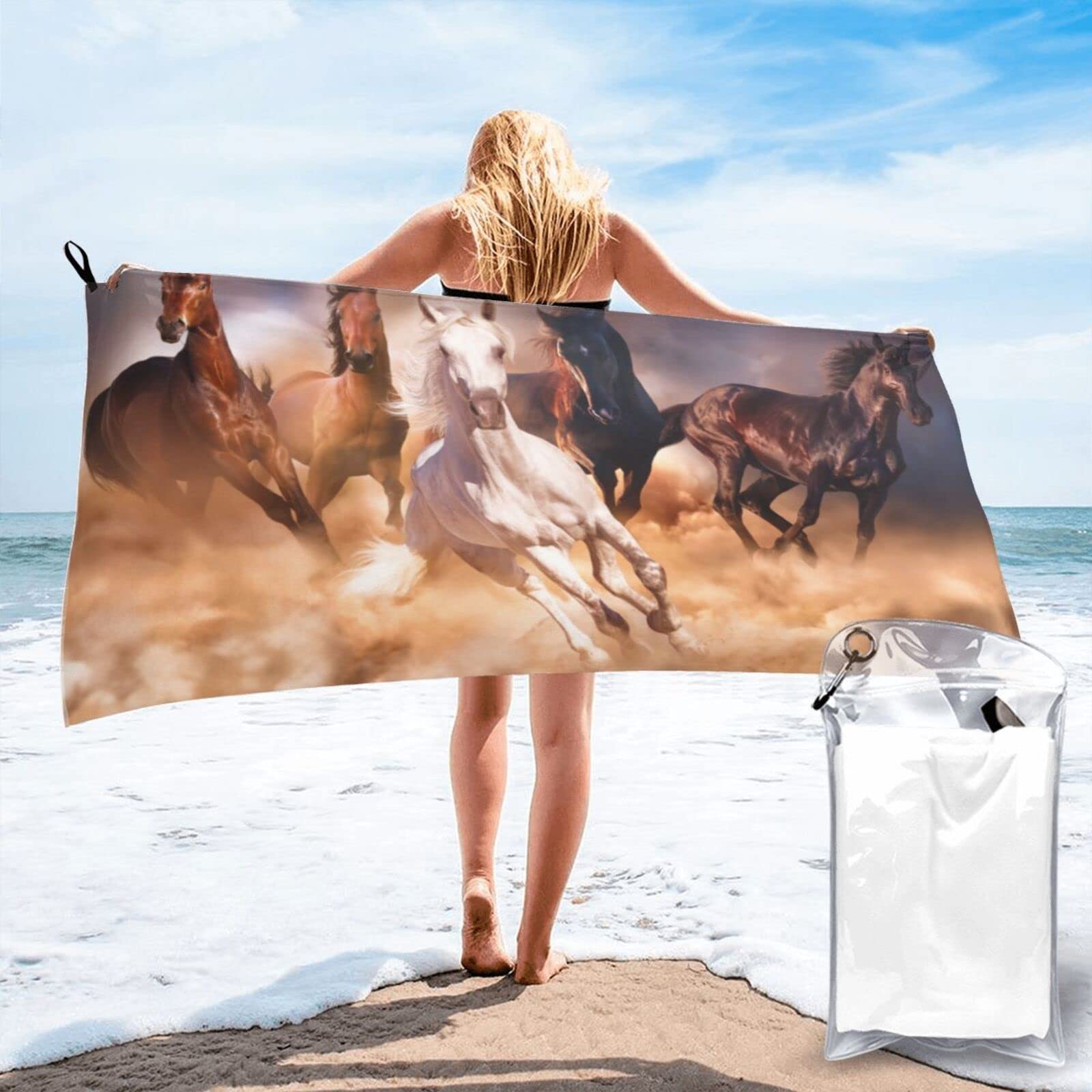 Lawenp Running Horse Microfiber Beach Towel Adults Large Quick Drying Bath Towel Travel Towels with Pouch 31.5"x63"