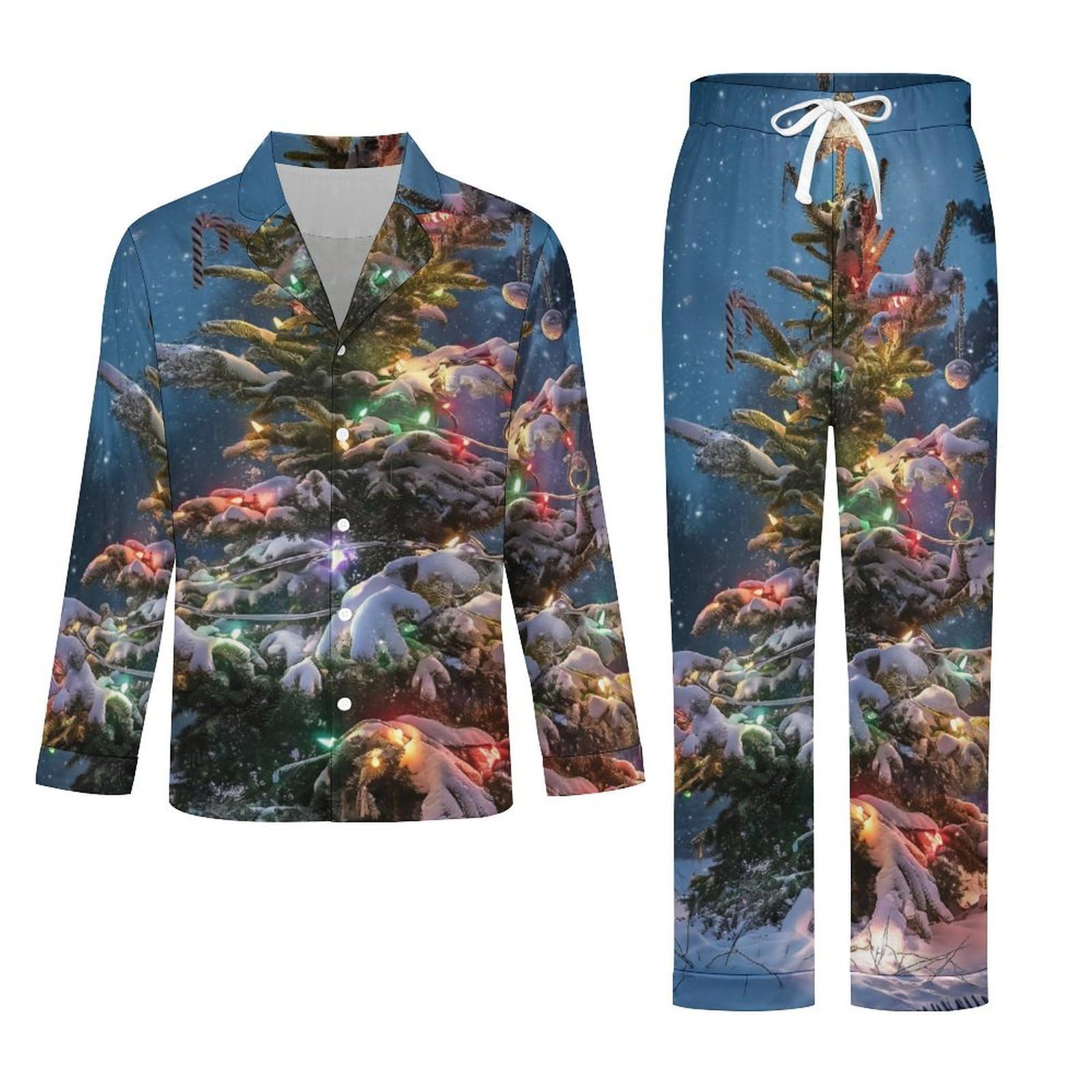 OLEETS Completo Pigiama da Uomo 2 Pezzi - Paesaggio Dell'Albero di Natale Top E Pantaloni in 2 Pezzi Pigiama Casual E Ampio A Maniche Lunghe Morbido Autunnale E Invernale.