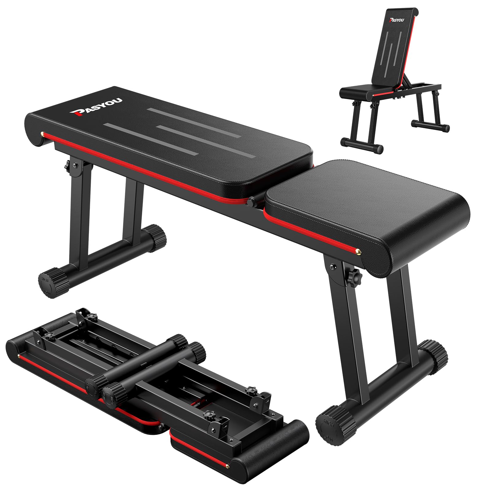PASYOU Hantelbank Klappbar Flachbank, Verstellbare Trainingsbank Bankdrücken Bank für Zuhause mit 300KG Belastbarkeit, 6-Stufige Neigung Fitnessbank mit Doppelrahmen (Modell: PB300)
