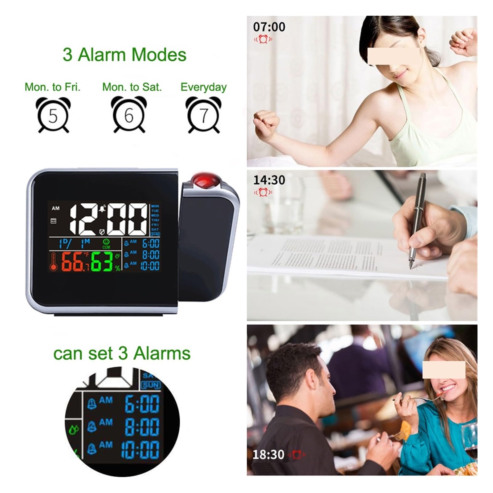 Reloj Despertador con Proyección Digital LED, Termómetro De Temperatura, Indicador Fecha Y Hora Escritorio, Proyector, Calendario, Cargador USB, Led Mesa ProyeccióN NíTida(White with USB)