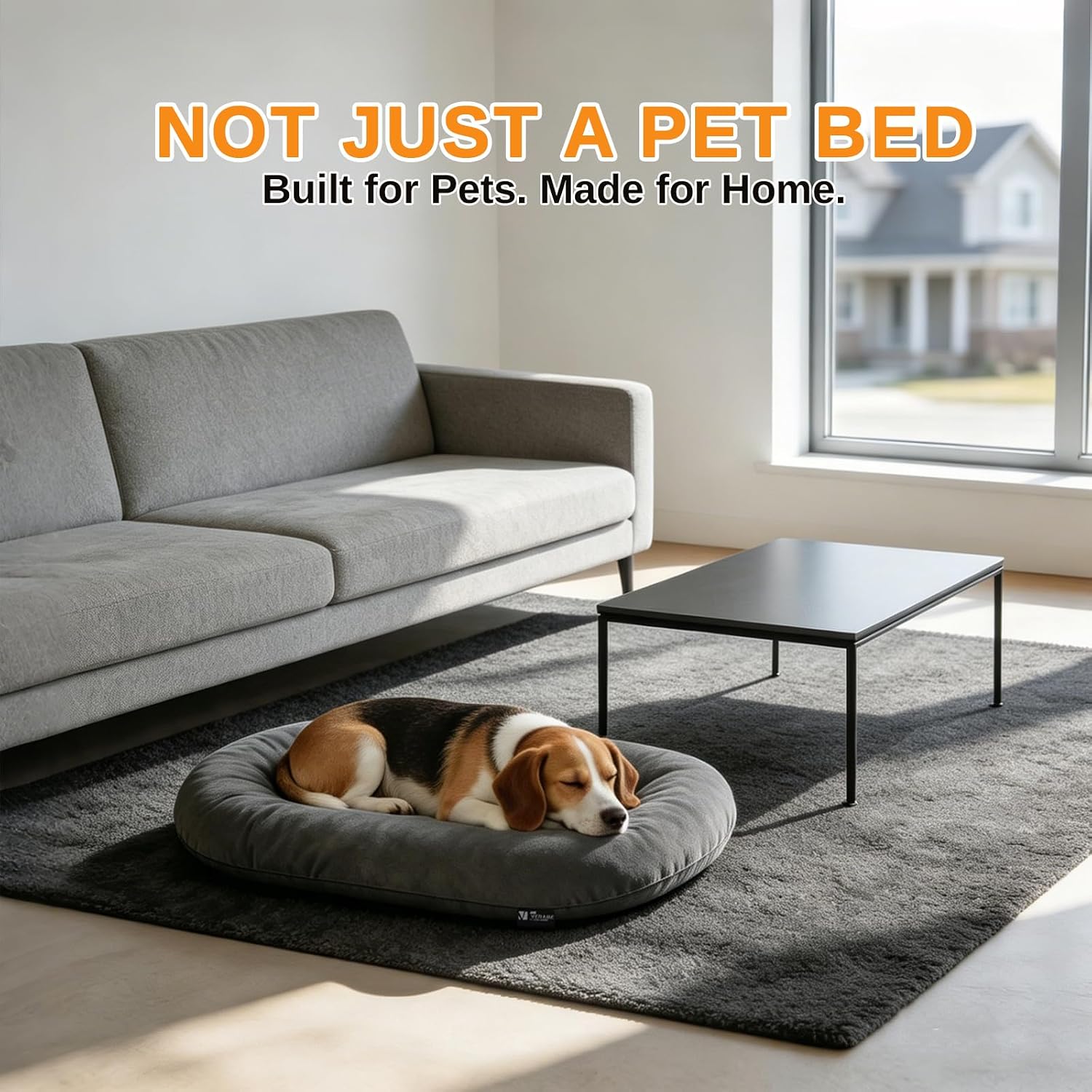Washable Dog Bed for Large Dogs, 35x22 Inch Short Plush Oval Crate Pad with Non-Slip Bottom, Silver-Tipped High-Resilience Pet Mat,Dark Grey