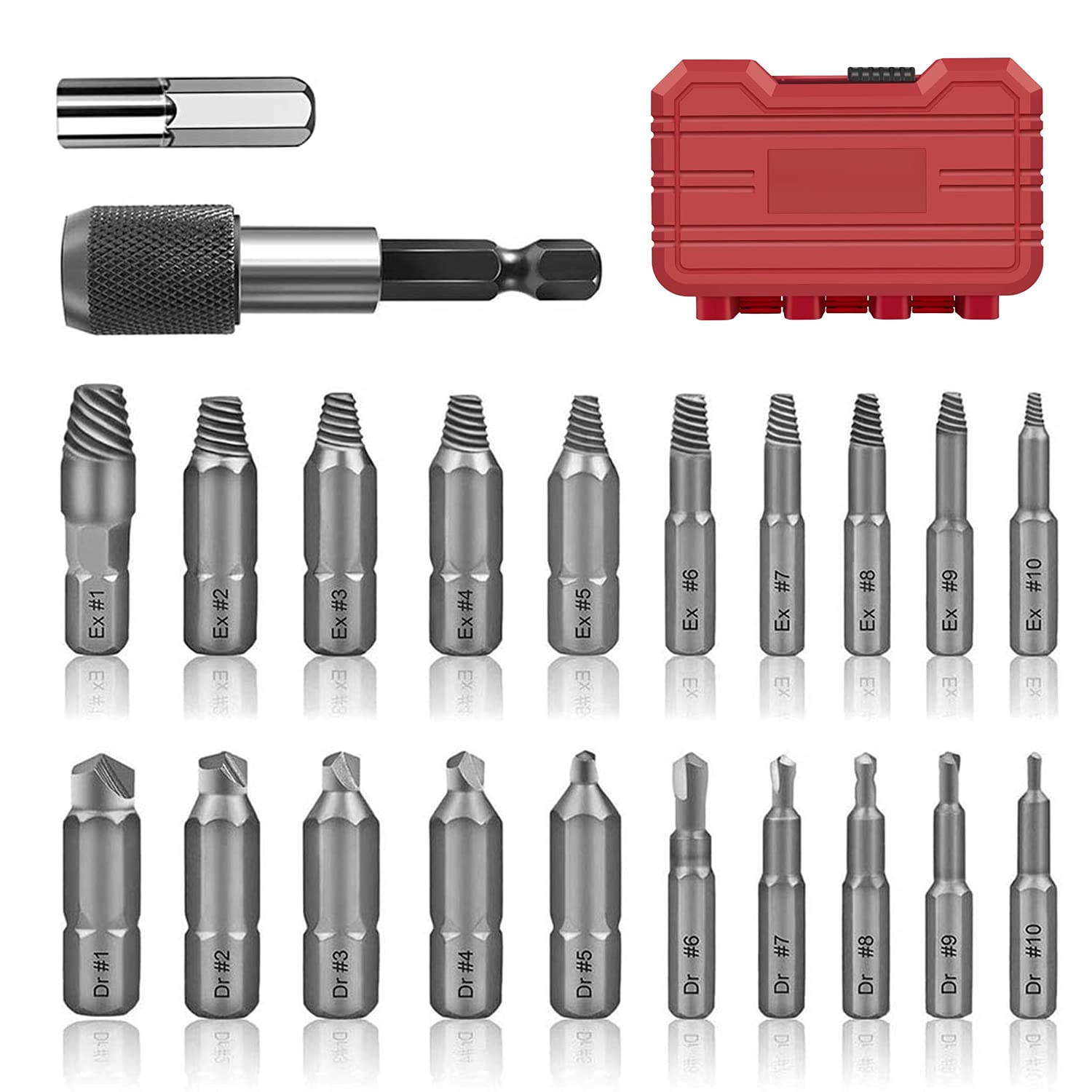 Stocking Stuffers Gifts for Men - 22 Pieces Damaged Screw Extractor Broken Screw Extractor Set, Extractor HSS Bolt Remover Set with Socket Adapter and Extension Drill Bit Holder