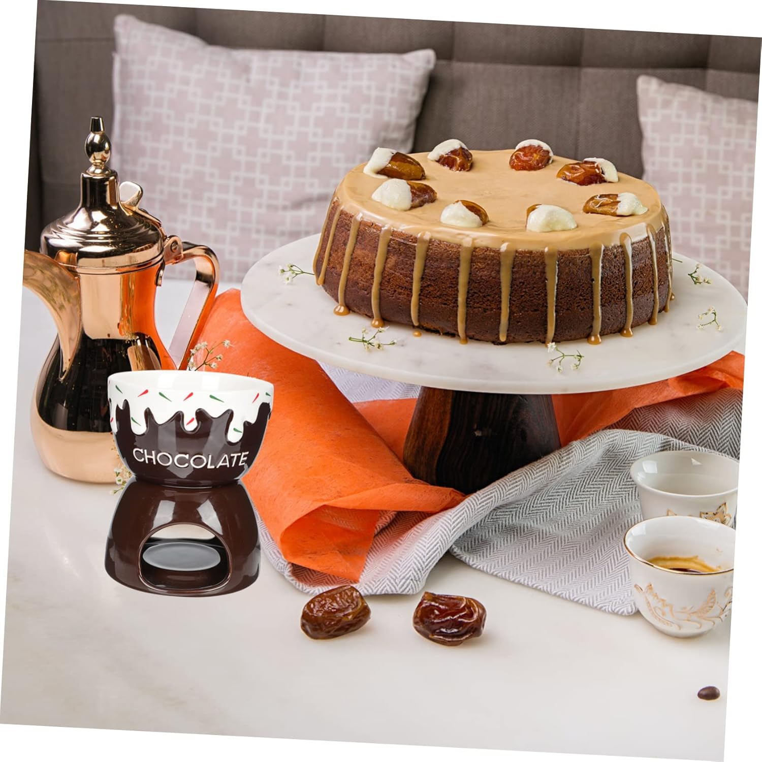 Ceramic Chocolate Melting Pot Fondue Set for Cheese and Ice Cream Dishwasher Safe for Family Gatherings and Parties