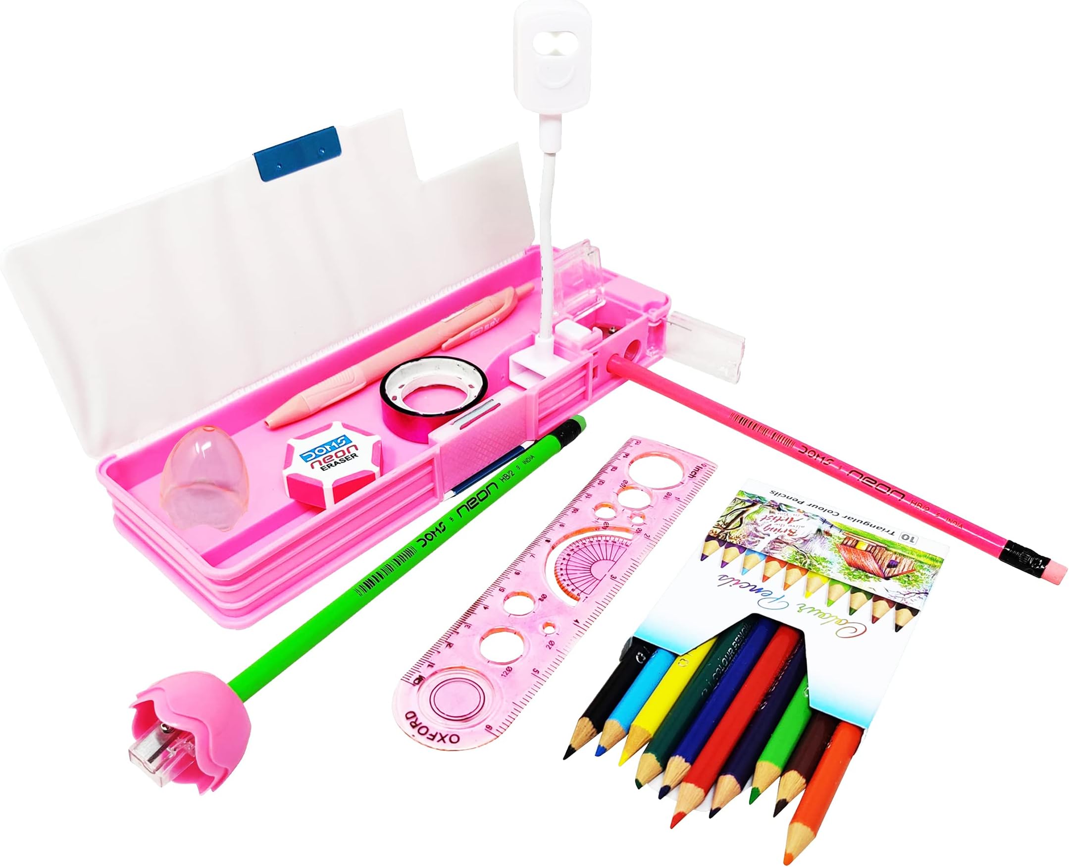 PARTEET Combo (Pack Of 8 Items) 1 Dual Side Magnetic Pencil Box With Led Lamp, 2Pencil, 1 Scale, 1Sharpner, 1 Eraser, 1Gliter Tape, 1Pen, 10 Pc Pencil Colour For Kids - Plastic, Blue