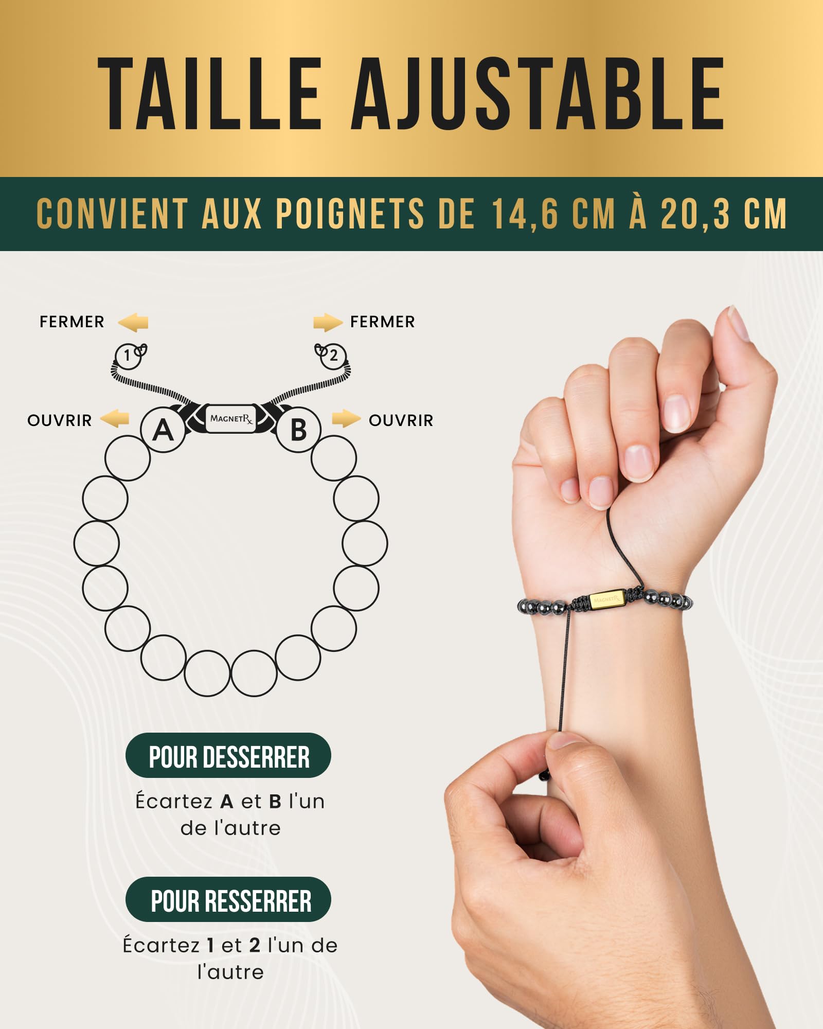 MagnetRX® Bracelet En Hématite Perlé Unisexe - Bijou Aimanté En Pierres Naturelles Hematite 8mm Méditation - Longueur Réglable (Perle Zeus dorée de 8 mm)