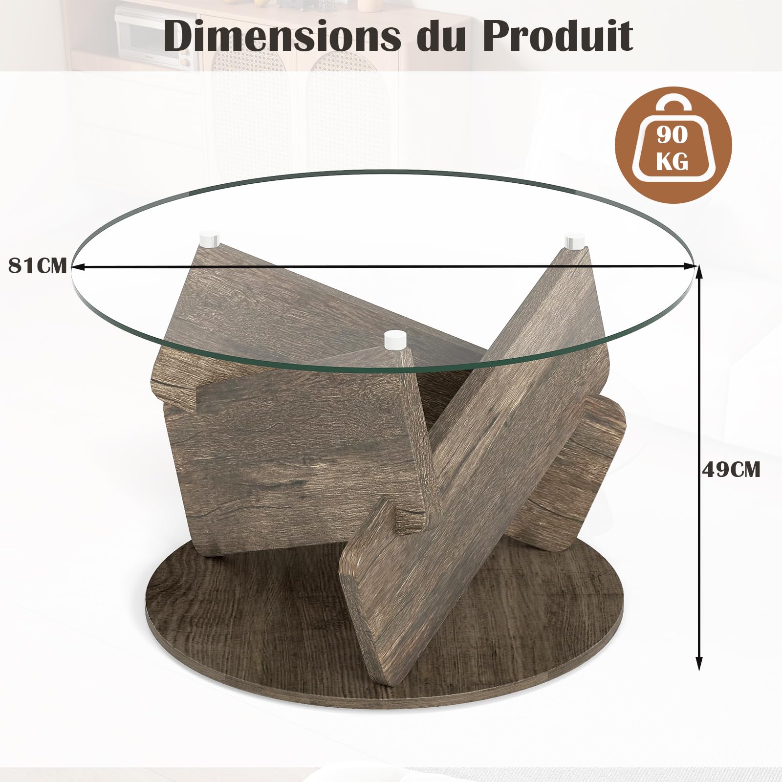 COSTWAY Table Basse Ronde en Verre, 81x 81 cm, Base en Caoutchouc, Style Rustique, Table de Salon pour Petit Espace, Bureau