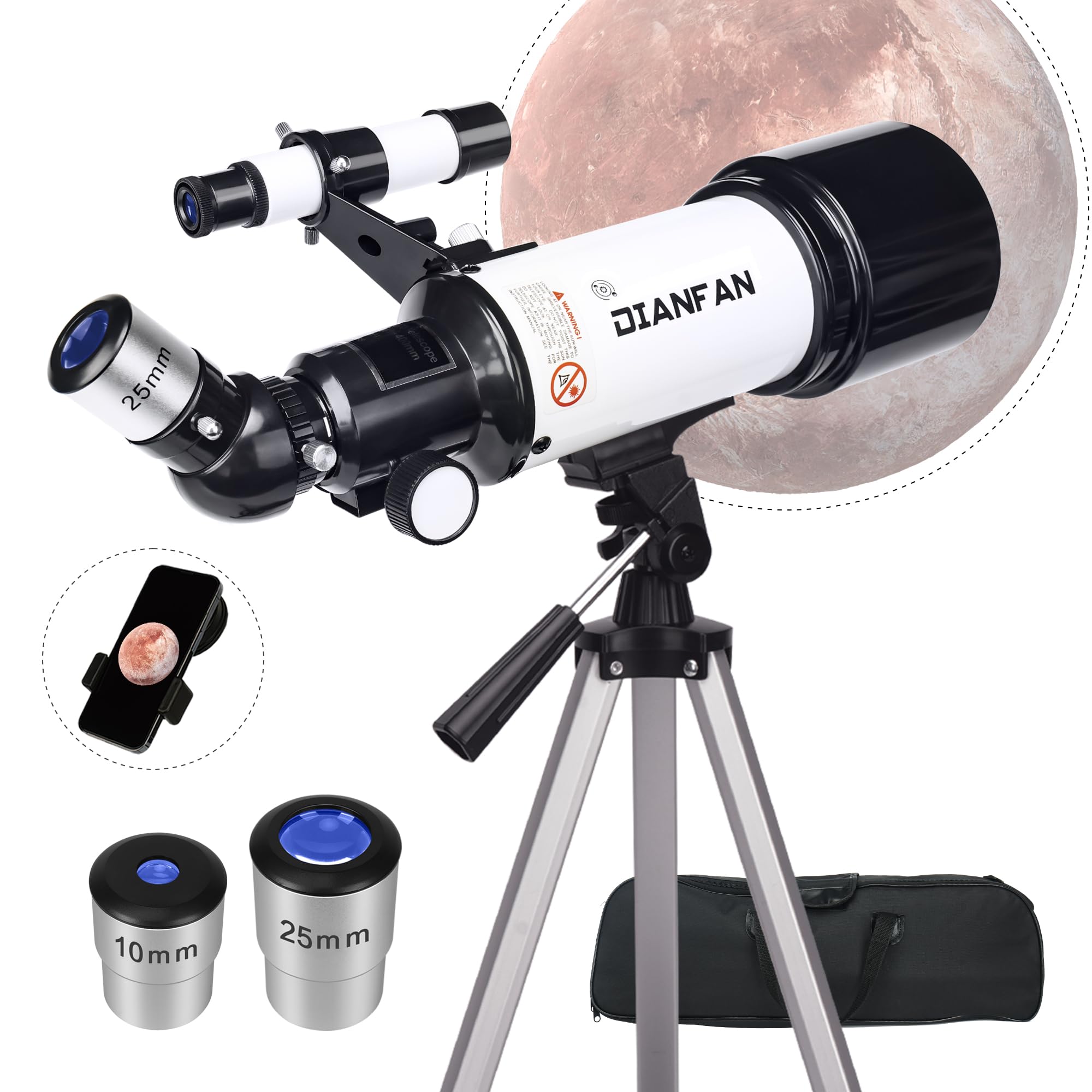 Dianfan Telescopio Astronomico Professionale Adulti, 70 mm Apertura Rifrattore per Bambini e Principianti con Adattatore per Telefono, Kellner, Montatura AZ e Treppiede