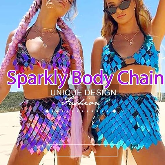 TWINKLEDE Sequin Mermaid Body Chain Top Skirt Sparkly Skirts Bikini Rave Outfits for Women