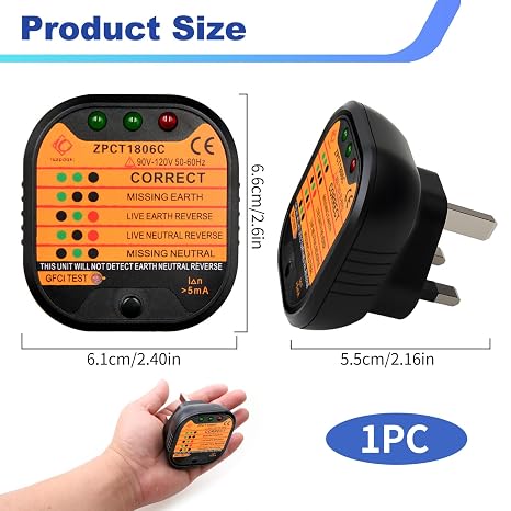 Socket Tester UK 220-250V Circuit Polarity Voltage Detector with LCD Display RCD GFCI Function Portable Automatic Mains Outlet Wiring Leakage Current Tester for Fault Detection Power Polarity Testing