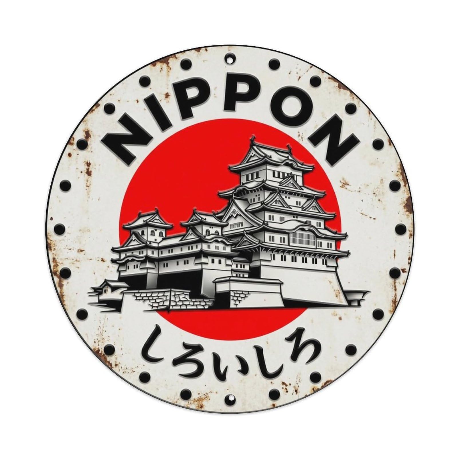 White Castle Nippon Fortress Building Weathered Metal Tin Sign