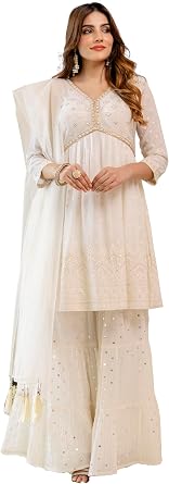 TRENDMALLS Womens Georgette Embroidery Work Kurta Sharara with Dupatta