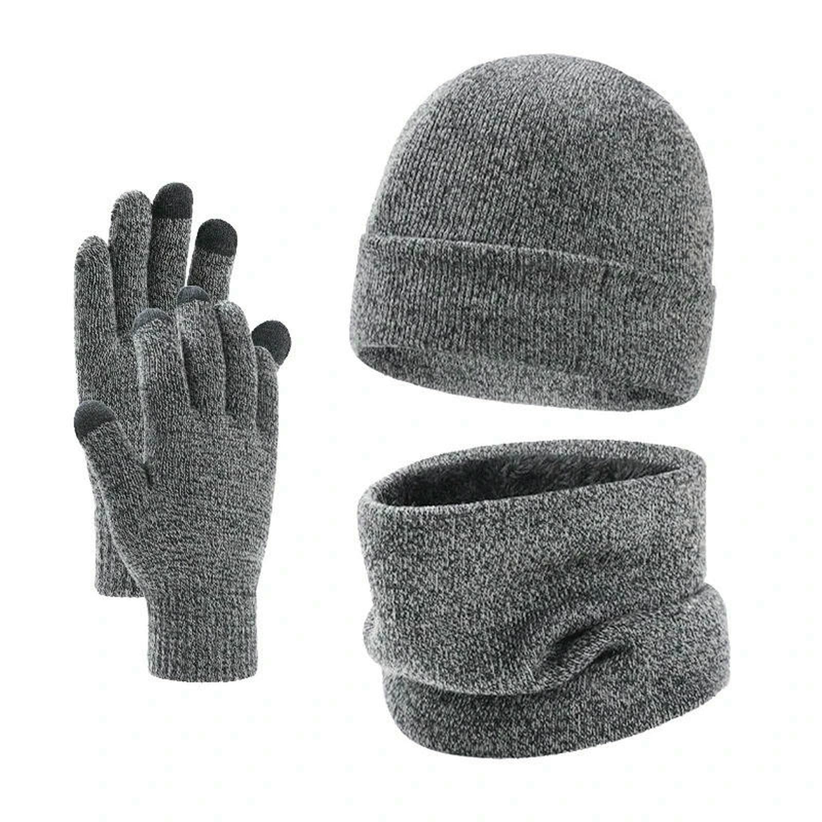 Mütze,Schal & Handschuh-Sets Herbst Winter Outdoor Warm Gebürstet Herren Beanie Mütze Schal Handschuhe 3-teiliges Set Winddicht Strickring-grau3-einheitsgröße