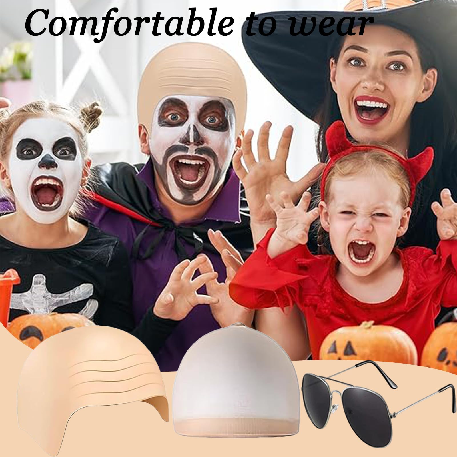 5pcs Bald Cap Adult Set, Wig Cap and Skin Tone Hair Net Ket, Sunglasses, Bald Cap, Bald Caps for Theater, and Cosplay, Easy to Use & Reusable, with 3 Hair Nets - Image 4