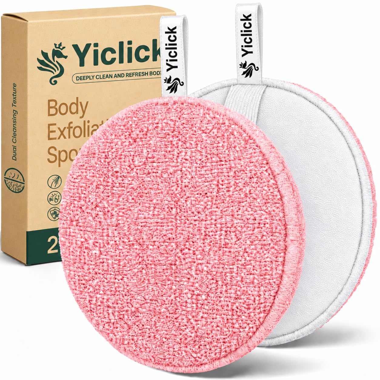 Exfoliating Body Scrubber, 2 Pack Shower Loofah Sponge with Handle, Dual-Sided Body Scrub Pad for Bathing, Rich Lather Bath Sponge for Men and Women