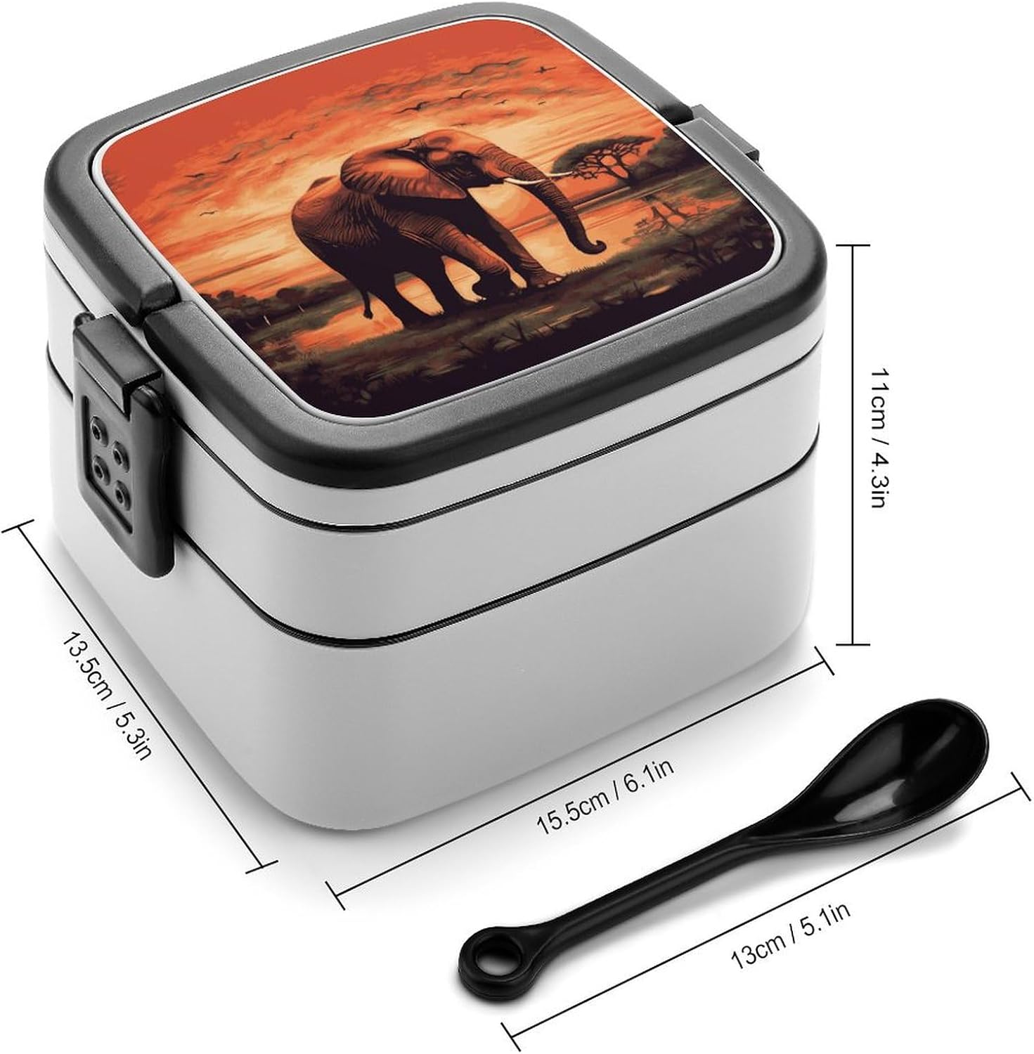 Bento Box with Spoon And Handle Sunset Elephant Printed Stackable Bento Box Portable Bento Lunch Box Container for Work Camping And Travel